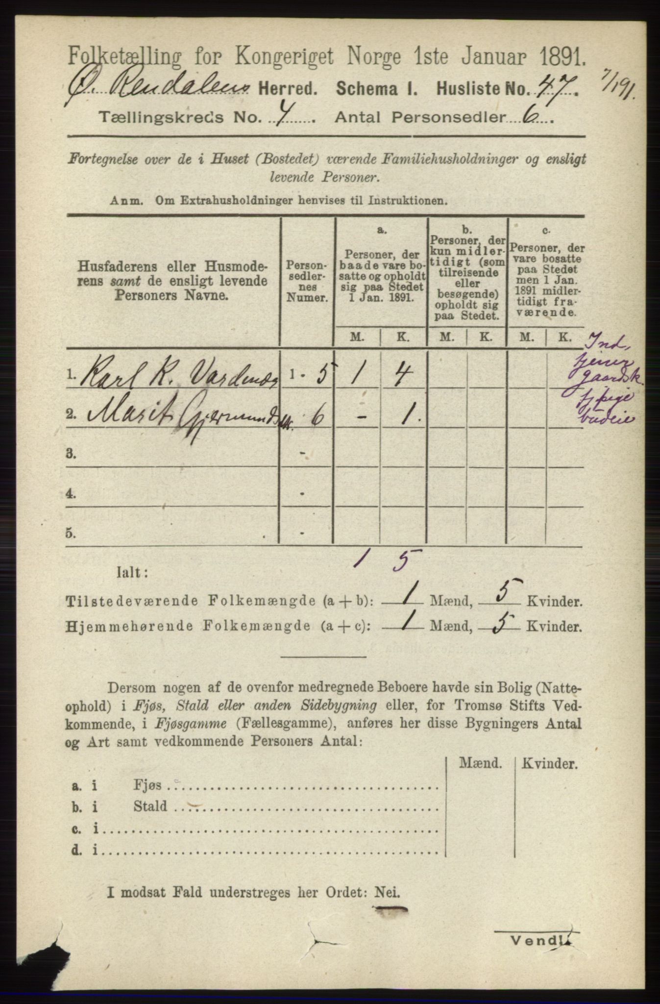 RA, 1891 census for 0433 Øvre Rendal, 1891, p. 972