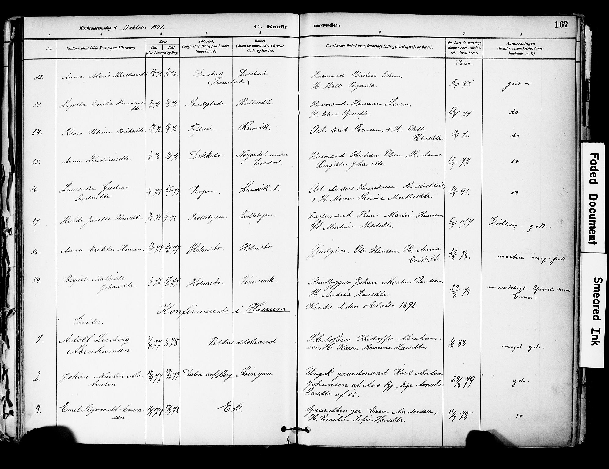 Hurum kirkebøker, SAKO/A-229/F/Fa/L0014: Parish register (official) no. 14, 1882-1895, p. 167