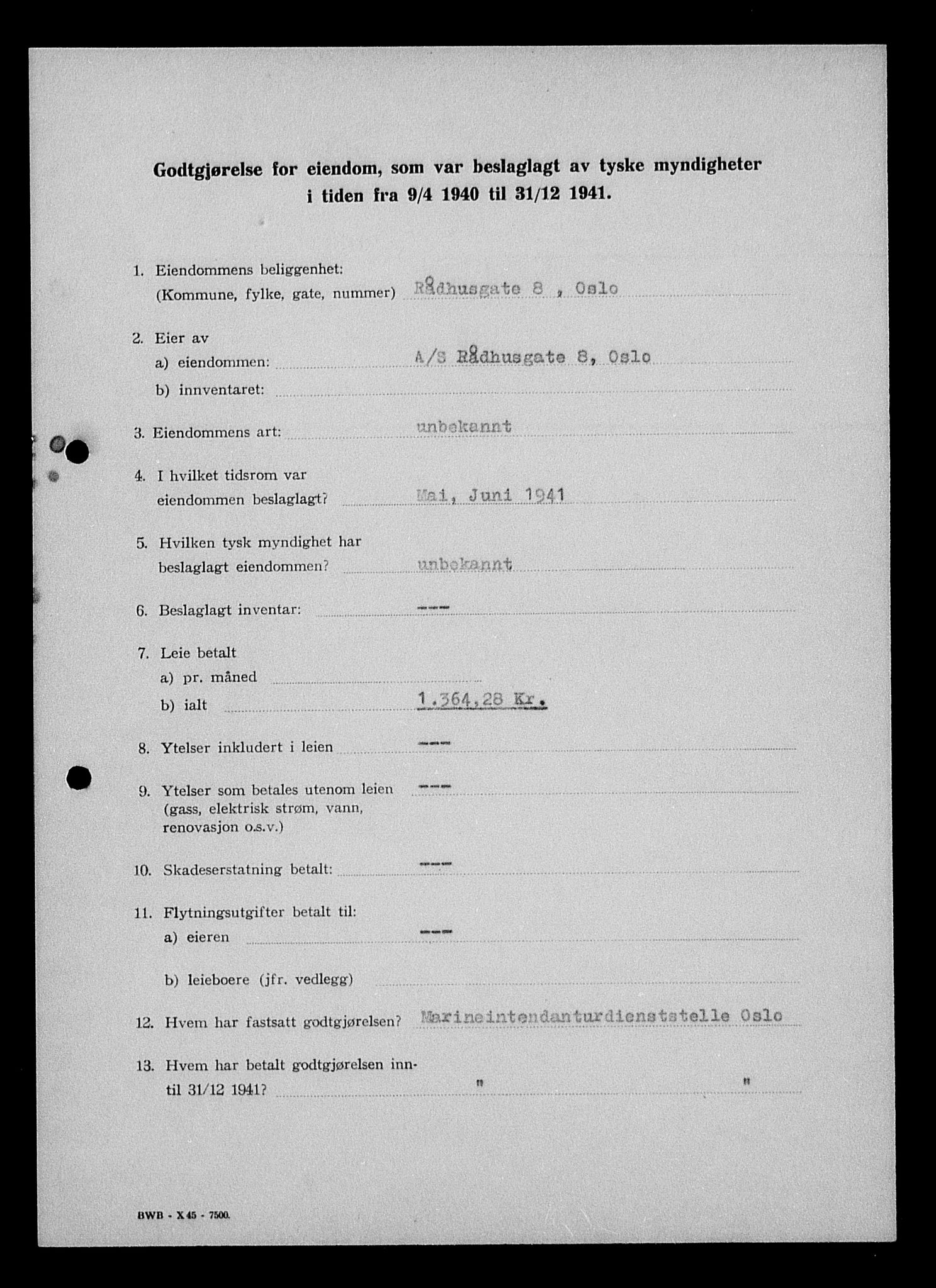 Justisdepartementet, Tilbakeføringskontoret for inndratte formuer, RA/S-1564/I/L1011: Godtgjørelse for beslaglagt eiendom, 1940-1941, p. 521