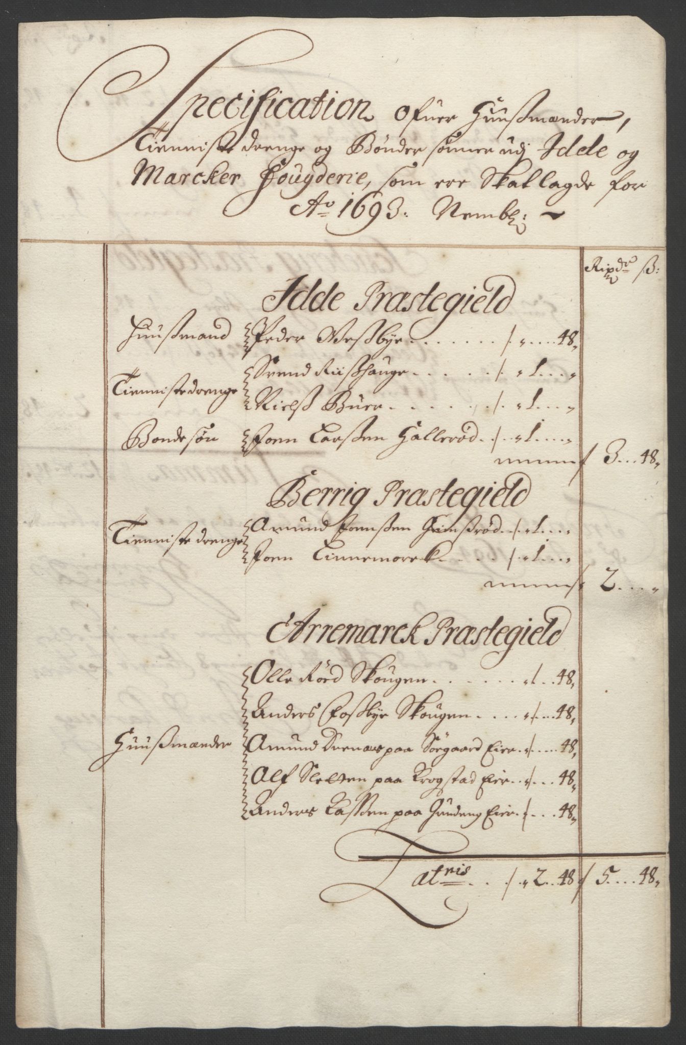 Rentekammeret inntil 1814, Reviderte regnskaper, Fogderegnskap, AV/RA-EA-4092/R01/L0011: Fogderegnskap Idd og Marker, 1692-1693, p. 285