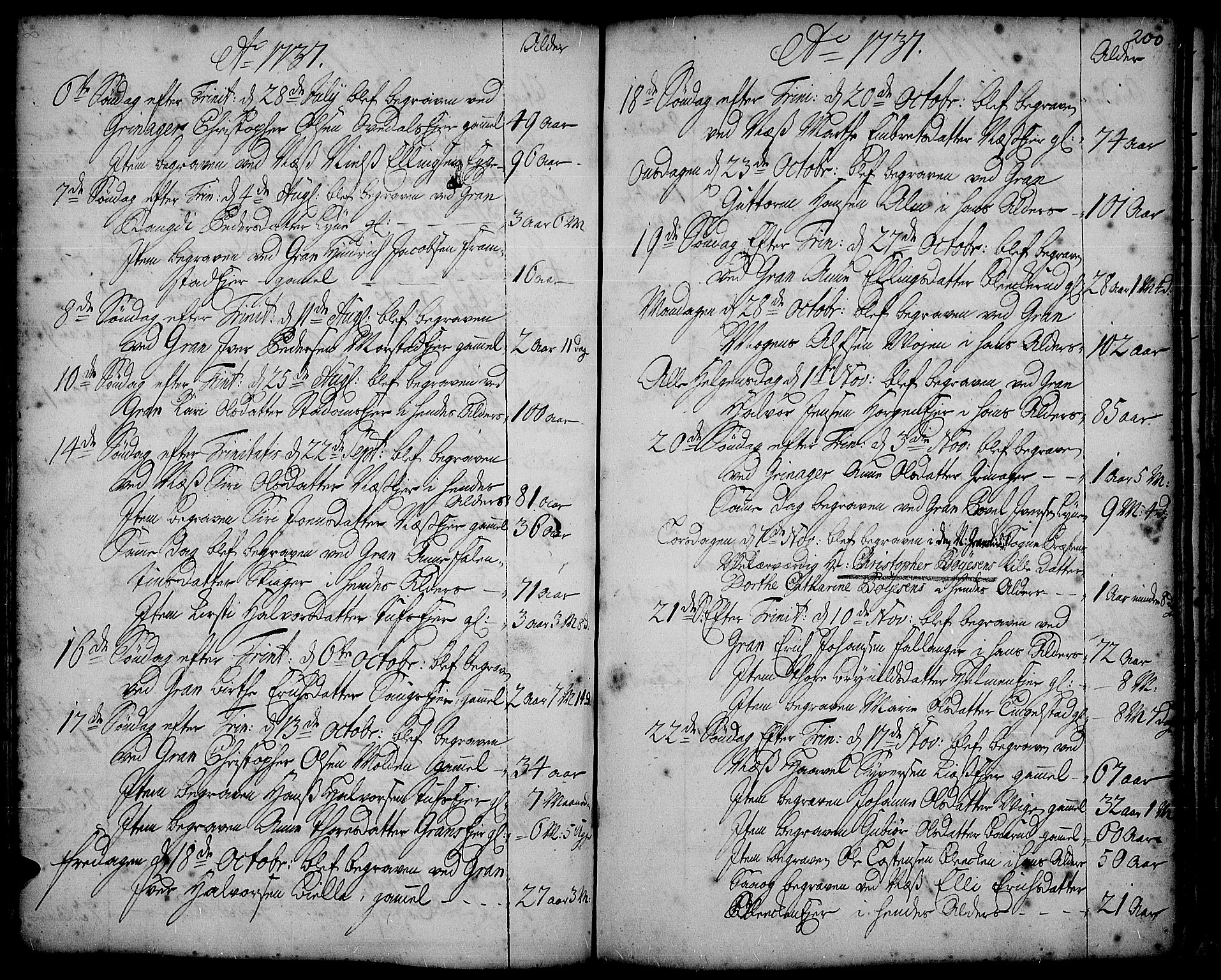 Gran prestekontor, SAH/PREST-112/H/Ha/Haa/L0002: Parish register (official) no. 2, 1732-1744, p. 200