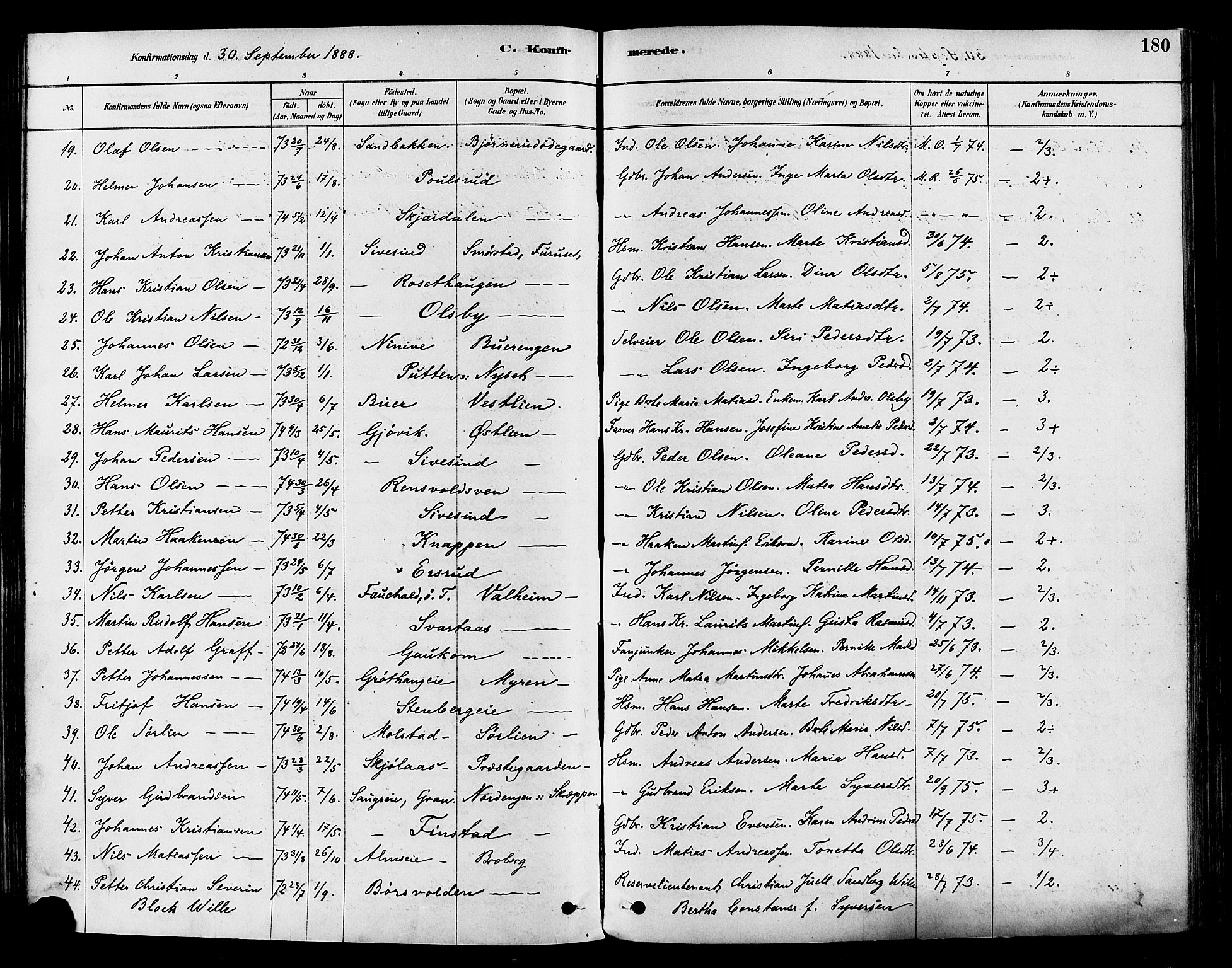 Vestre Toten prestekontor, SAH/PREST-108/H/Ha/Haa/L0009: Parish register (official) no. 9, 1878-1894, p. 180