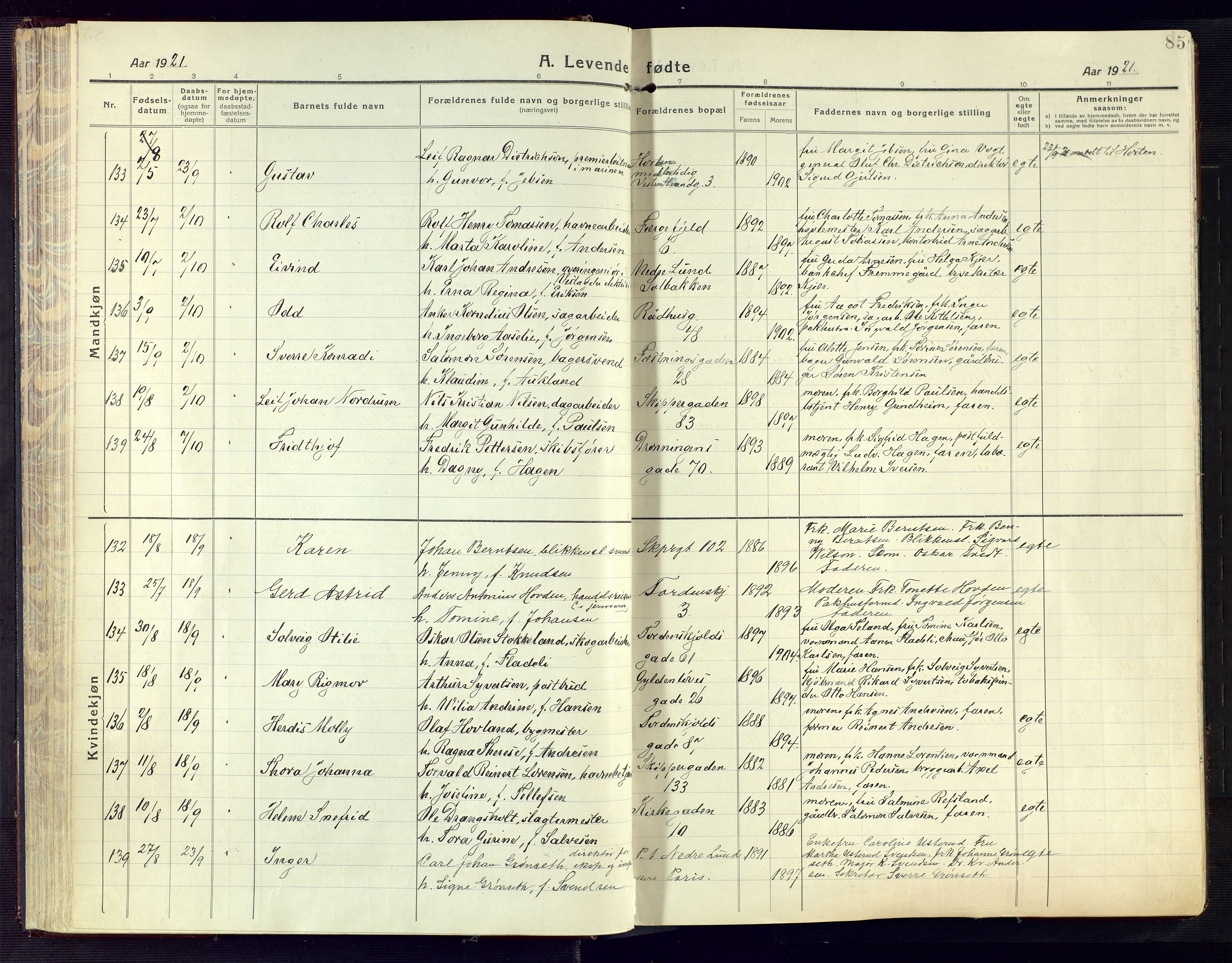 Kristiansand domprosti, AV/SAK-1112-0006/F/Fa/L0024: Parish register (official) no. A 23, 1918-1928, p. 85