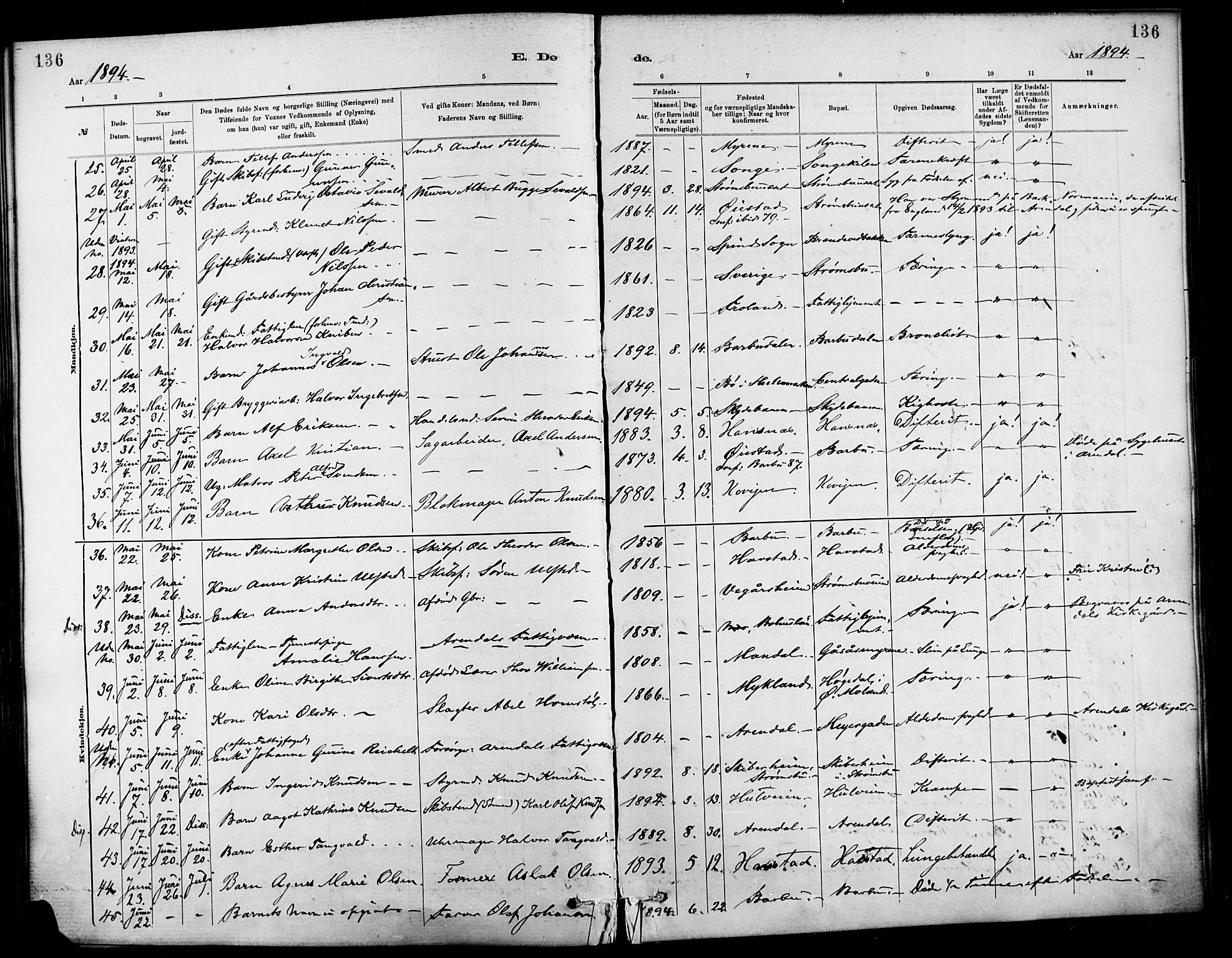 Barbu sokneprestkontor, AV/SAK-1111-0003/F/Fa/L0003: Parish register (official) no. A 3, 1883-1898, p. 136