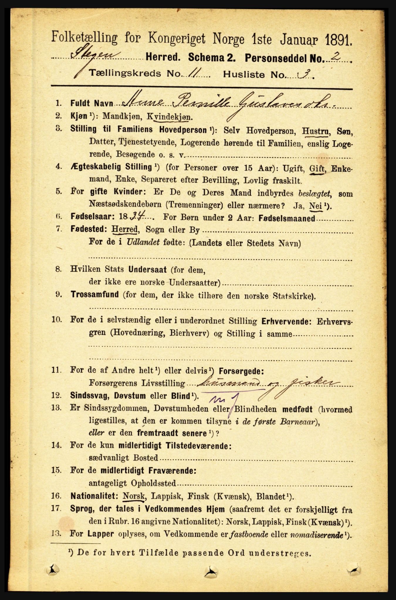 RA, 1891 census for 1848 Steigen, 1891, p. 3796