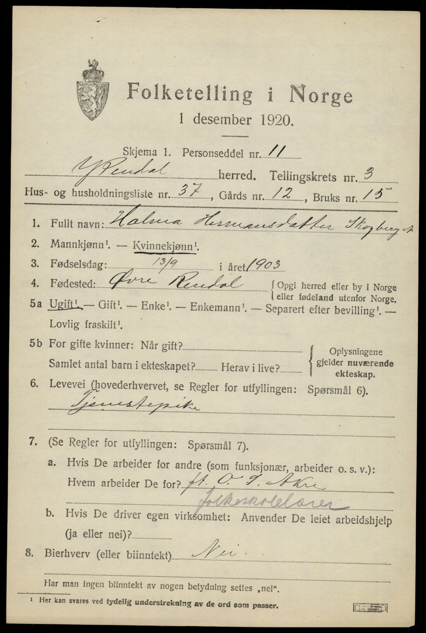 SAH, 1920 census for Ytre Rendal, 1920, p. 2043