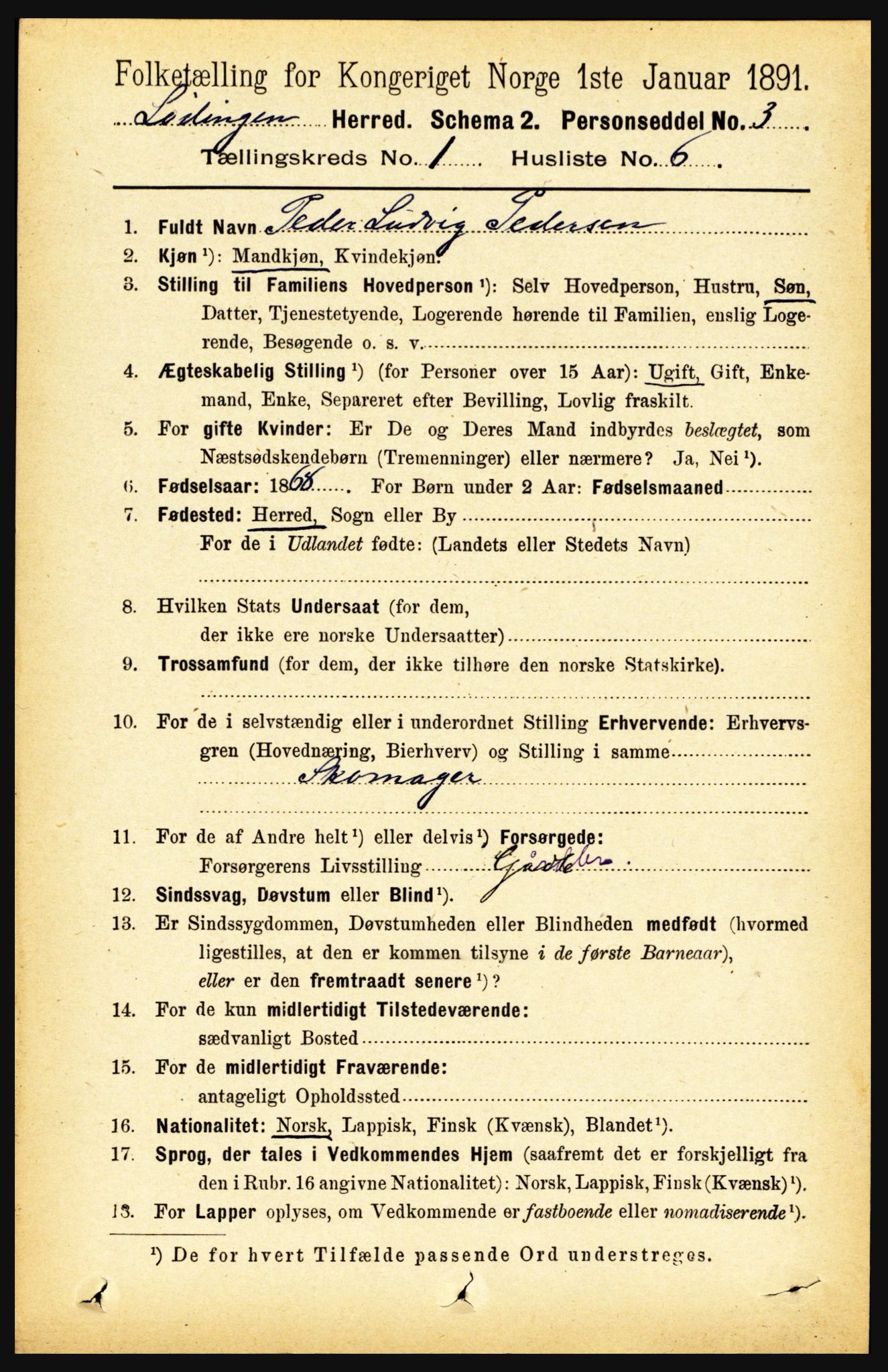 RA, 1891 census for 1851 Lødingen, 1891, p. 138