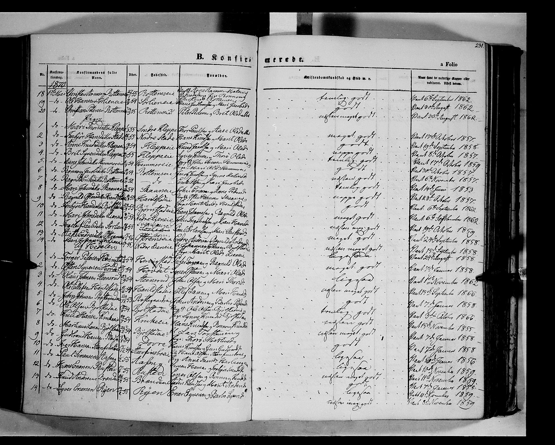 Vågå prestekontor, SAH/PREST-076/H/Ha/Haa/L0006: Parish register (official) no. 6 /1, 1856-1872, p. 231