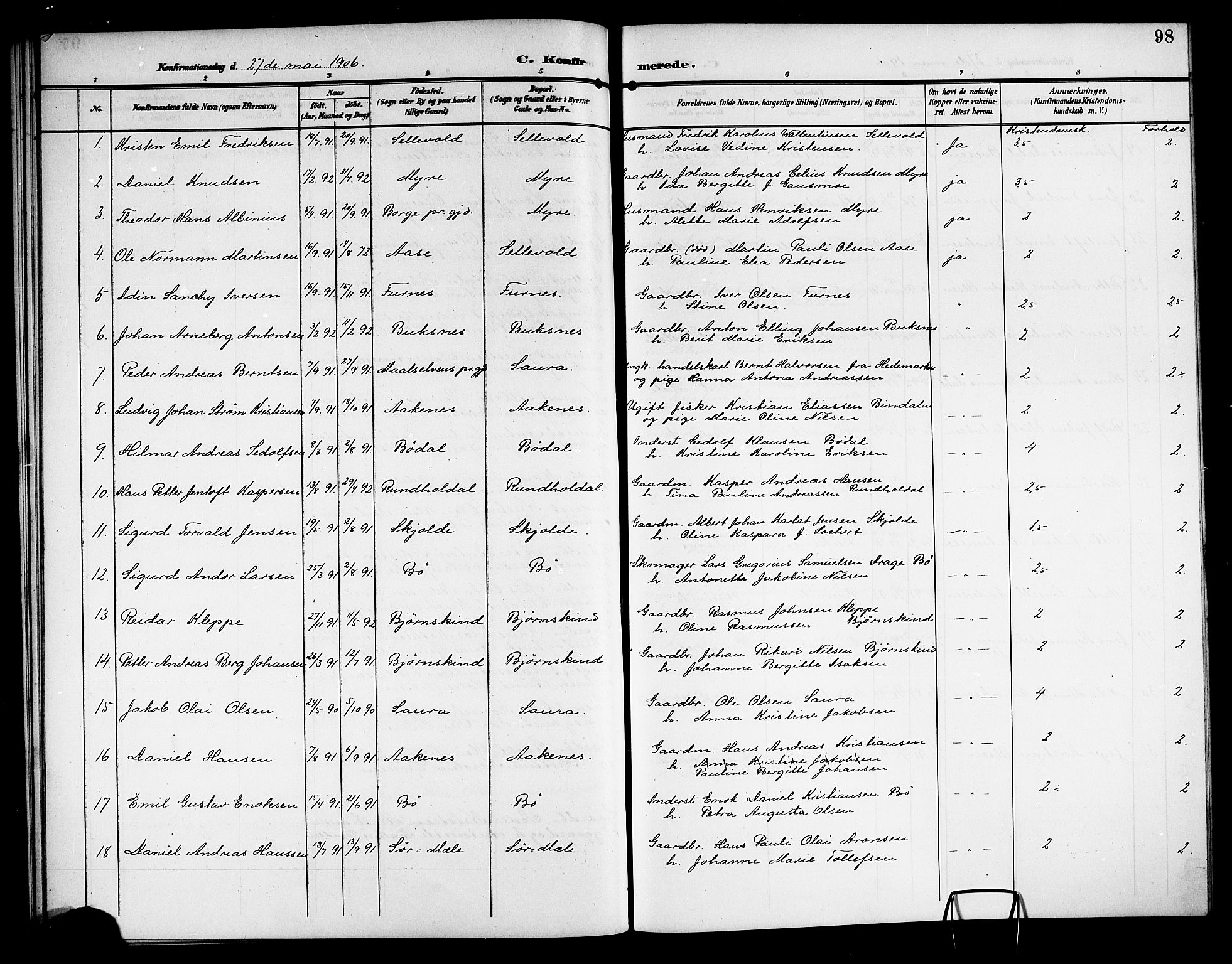 Ministerialprotokoller, klokkerbøker og fødselsregistre - Nordland, SAT/A-1459/897/L1414: Parish register (copy) no. 897C04, 1904-1915, p. 98