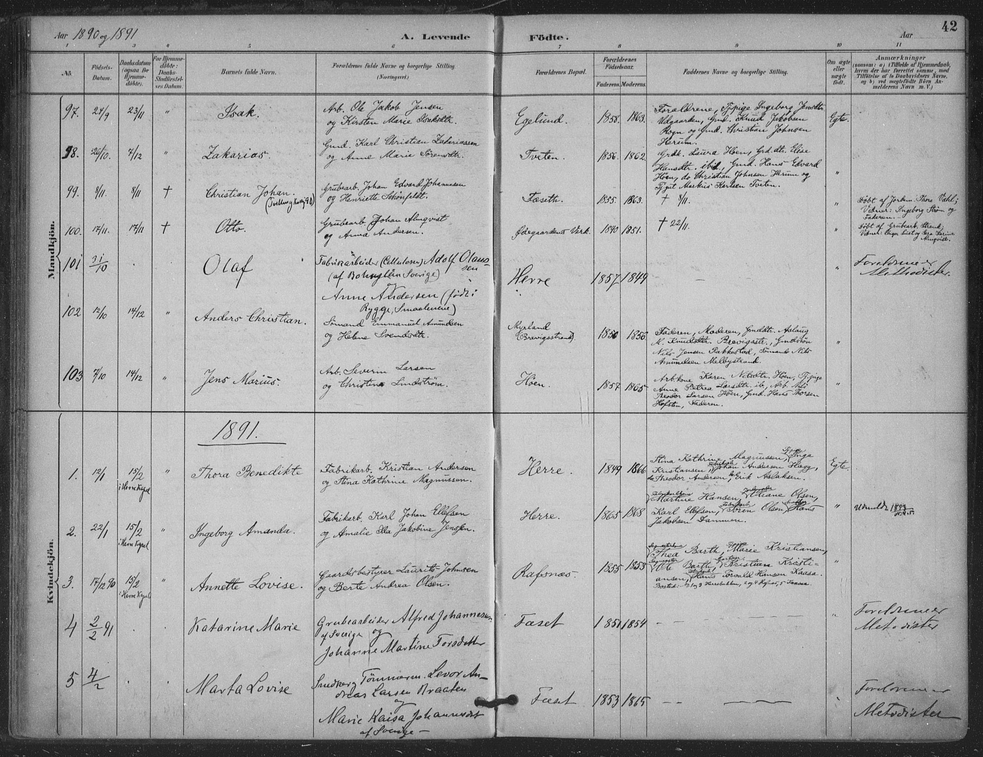Bamble kirkebøker, SAKO/A-253/F/Fa/L0008: Parish register (official) no. I 8, 1888-1900, p. 42