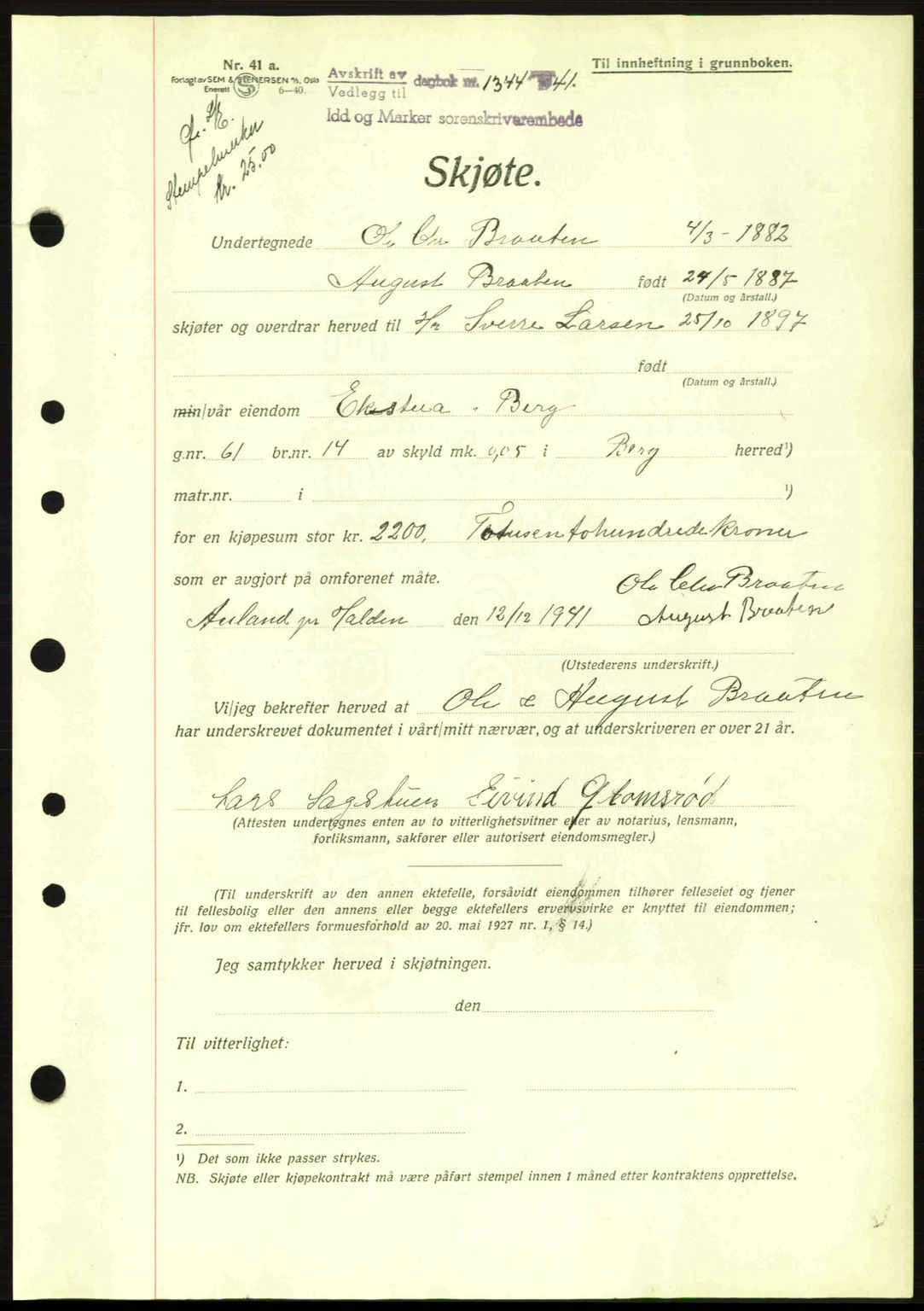 Idd og Marker sorenskriveri, AV/SAO-A-10283/G/Gb/Gbb/L0005: Mortgage book no. A5, 1941-1943, Diary no: : 1344/1941