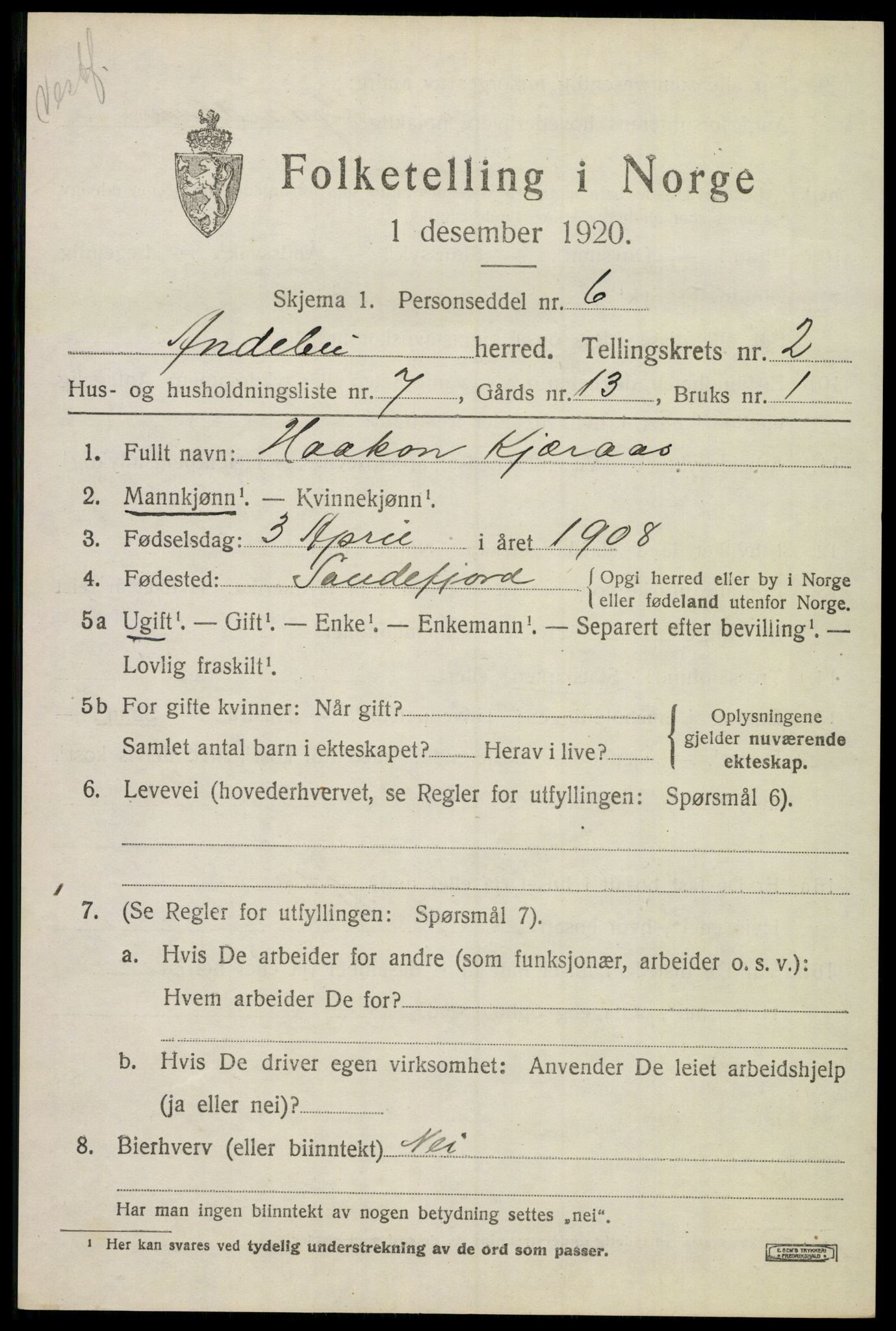 SAKO, 1920 census for Andebu, 1920, p. 1588