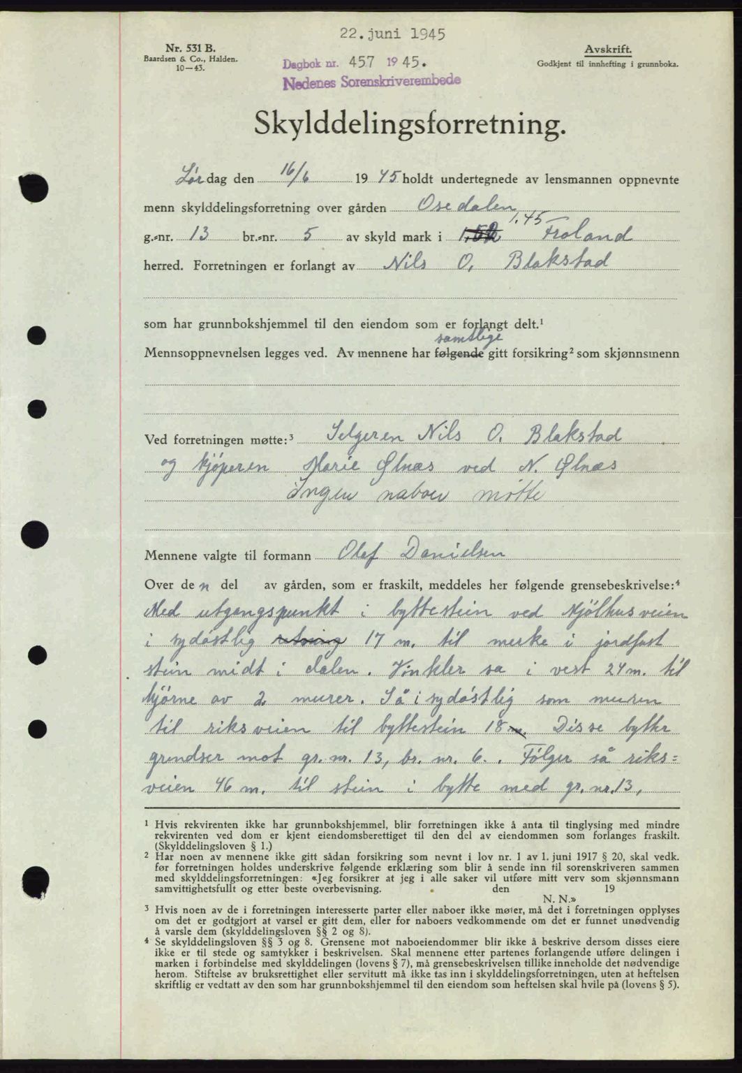 Nedenes sorenskriveri, SAK/1221-0006/G/Gb/Gba/L0052: Mortgage book no. A6a, 1944-1945, Diary no: : 457/1945
