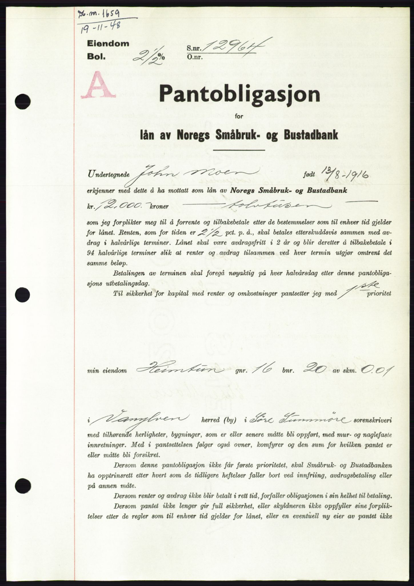 Søre Sunnmøre sorenskriveri, AV/SAT-A-4122/1/2/2C/L0116: Mortgage book no. 4B, 1948-1949, Diary no: : 1659/1948