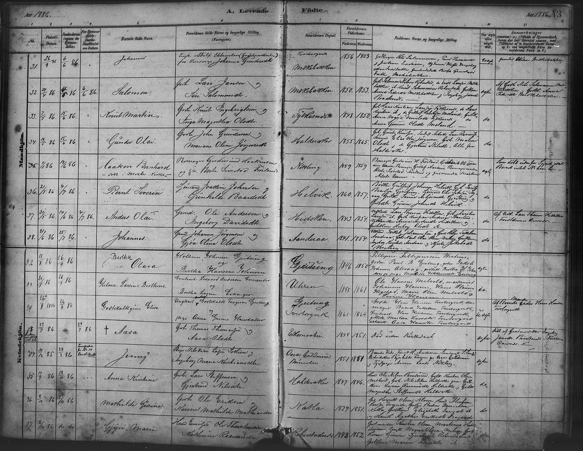 Finnås sokneprestembete, AV/SAB-A-99925/H/Ha/Haa/Haac/L0001: Parish register (official) no. C 1, 1881-1894, p. 43