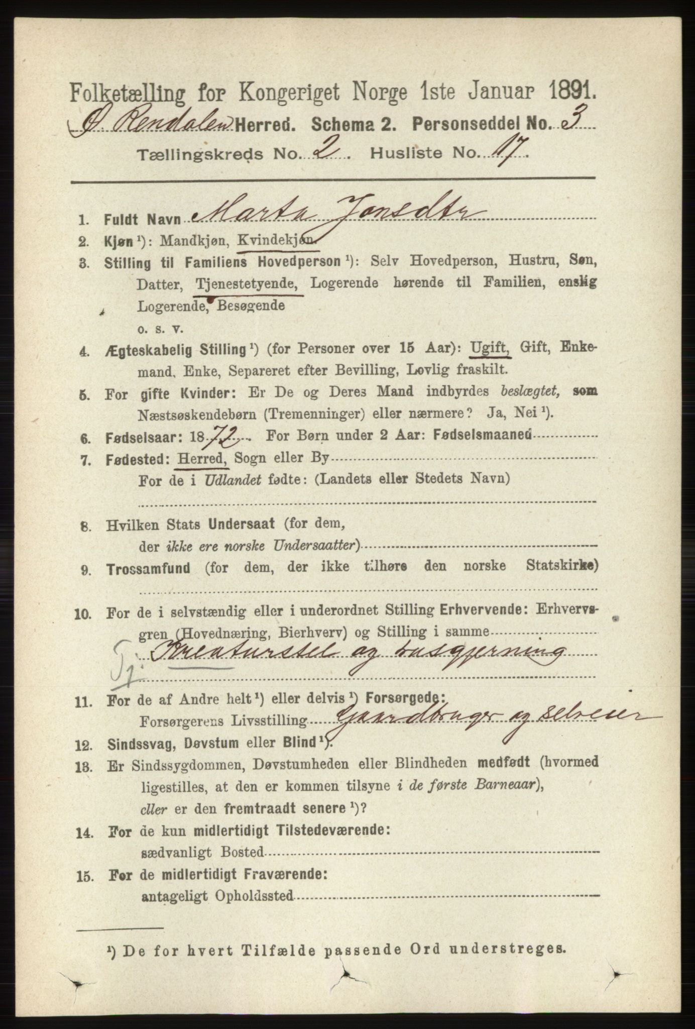 RA, 1891 census for 0433 Øvre Rendal, 1891, p. 496