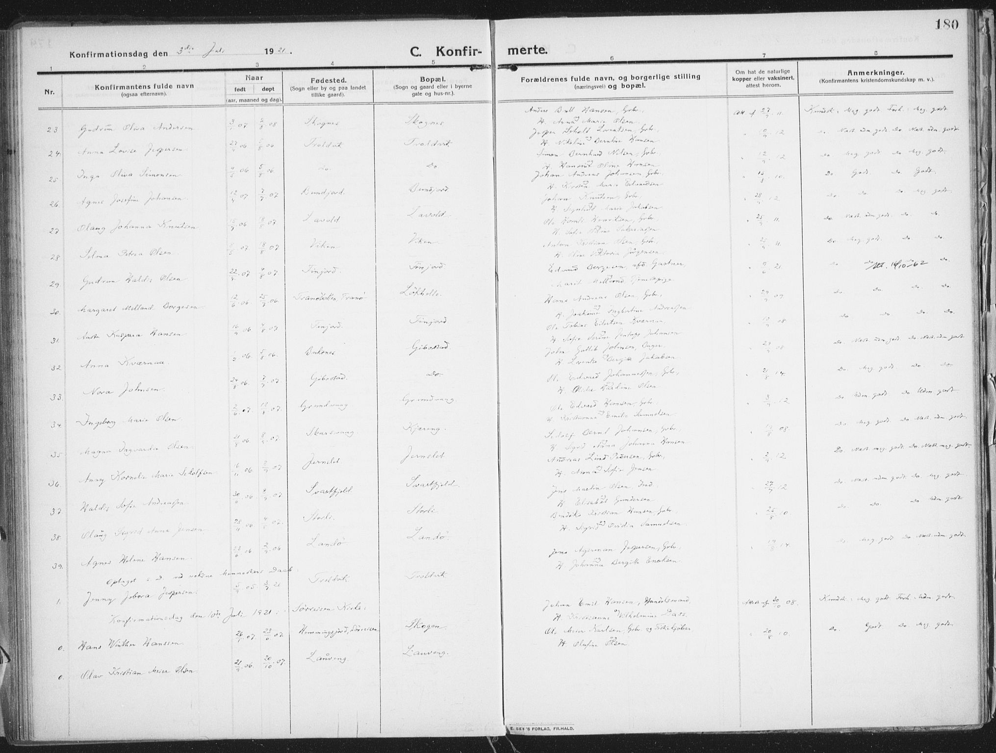 Lenvik sokneprestembete, AV/SATØ-S-1310/H/Ha/Haa/L0016kirke: Parish register (official) no. 16, 1910-1924, p. 180