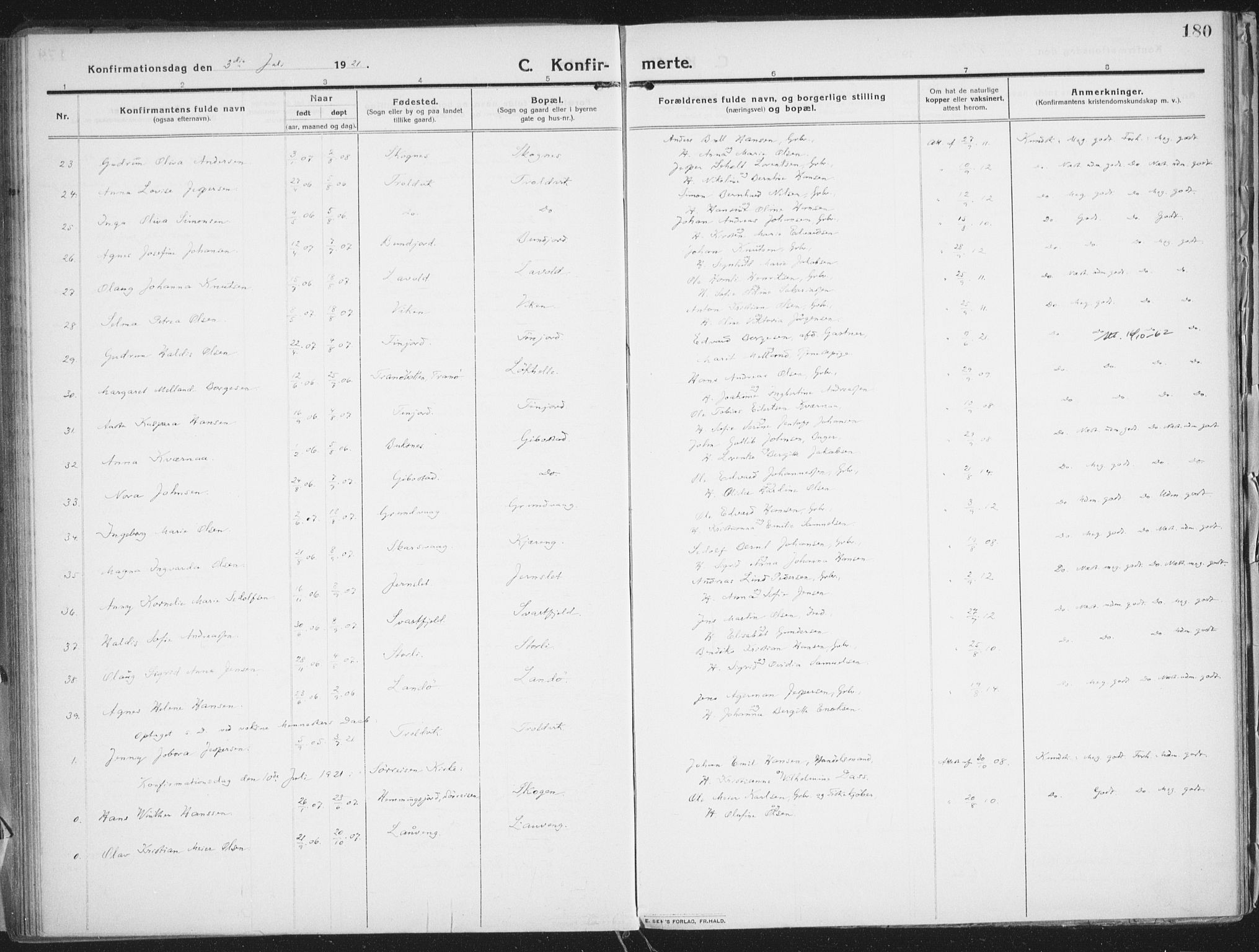 Lenvik sokneprestembete, AV/SATØ-S-1310/H/Ha/Haa/L0016kirke: Parish register (official) no. 16, 1910-1924, p. 180