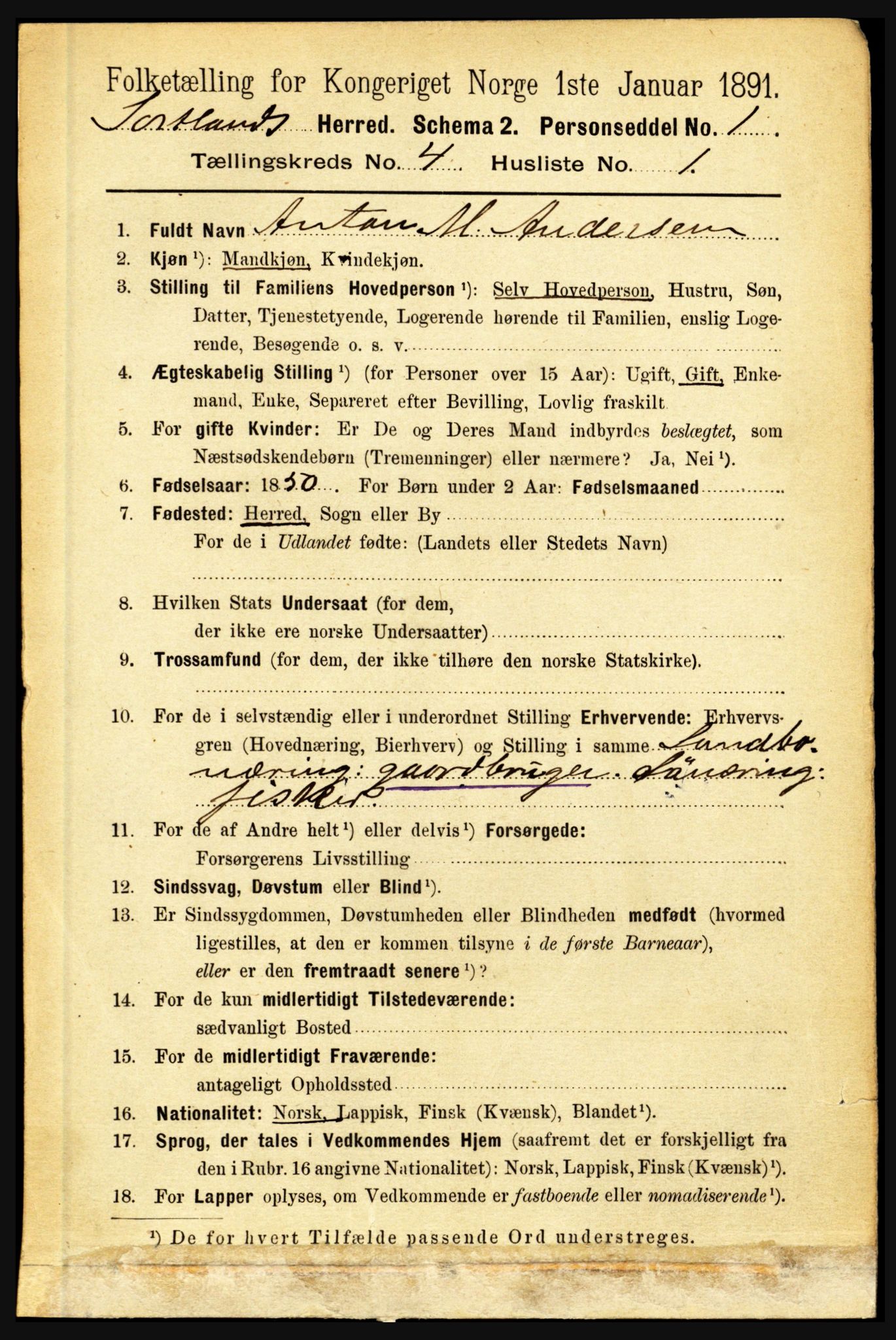 RA, 1891 census for 1870 Sortland, 1891, p. 2718