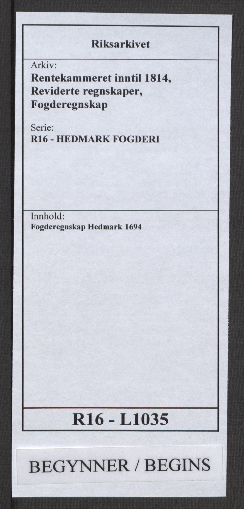 Rentekammeret inntil 1814, Reviderte regnskaper, Fogderegnskap, RA/EA-4092/R16/L1035: Fogderegnskap Hedmark, 1694, p. 1