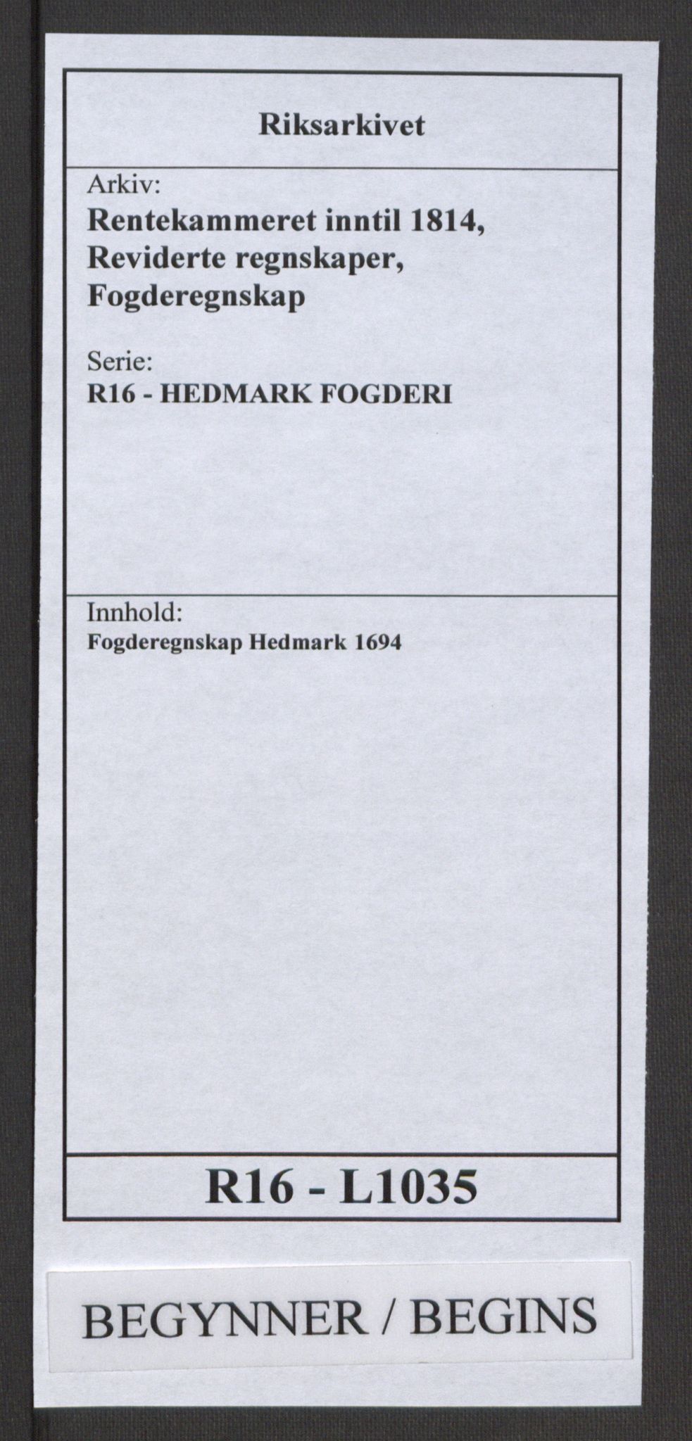 Rentekammeret inntil 1814, Reviderte regnskaper, Fogderegnskap, AV/RA-EA-4092/R16/L1035: Fogderegnskap Hedmark, 1694, p. 1