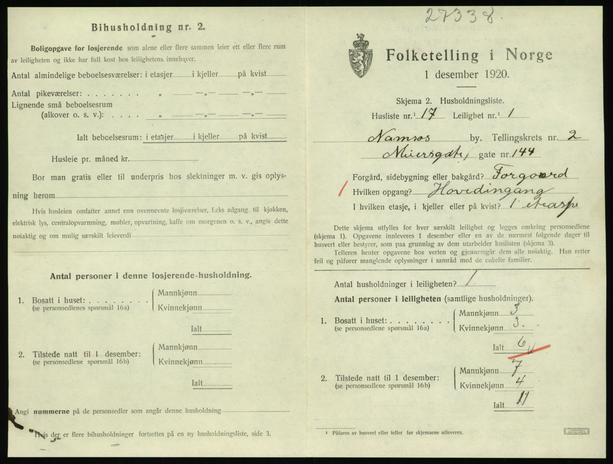 SAT, 1920 census for Namsos, 1920, p. 1039