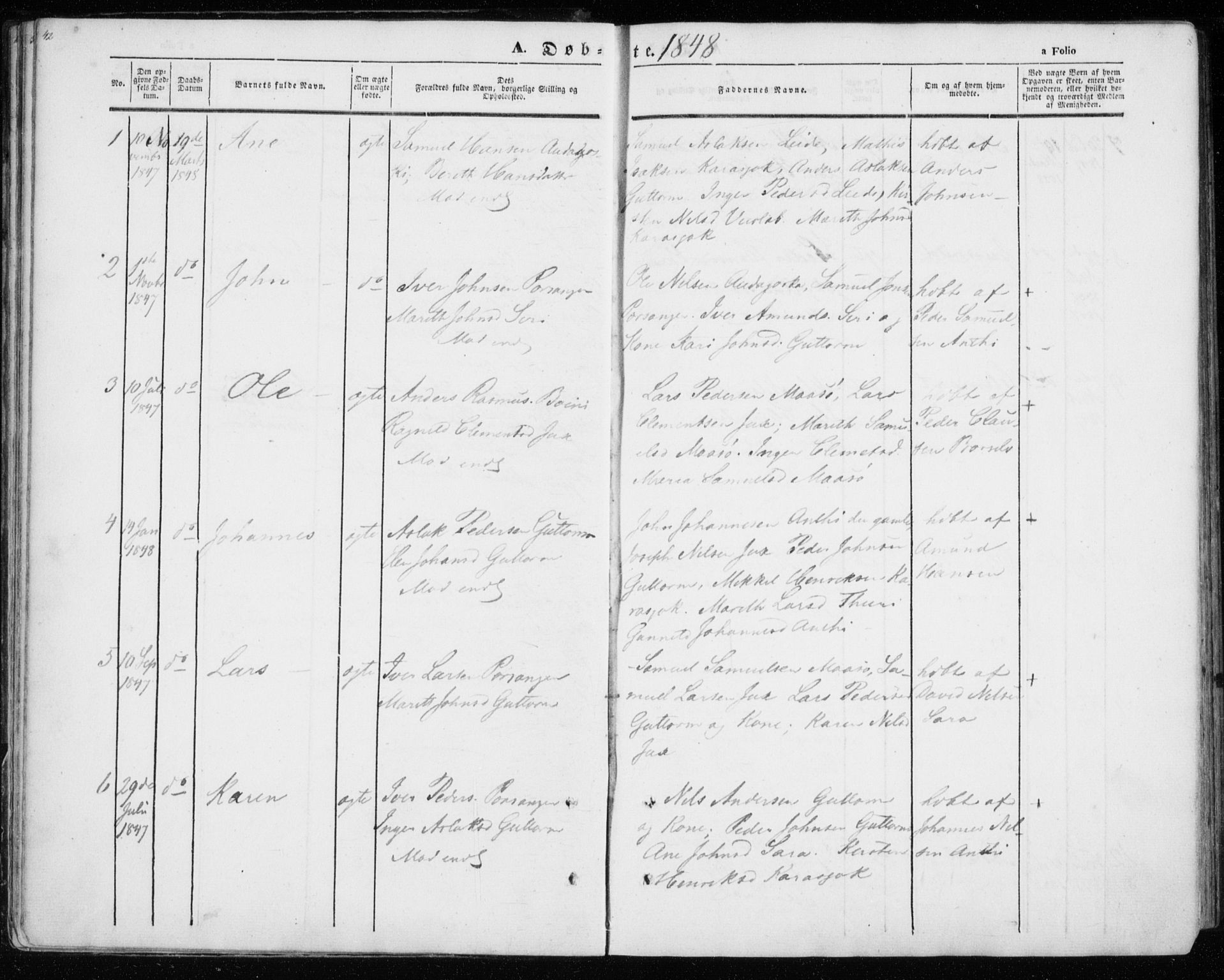Kistrand/Porsanger sokneprestembete, SATØ/S-1351/H/Ha/L0012.kirke: Parish register (official) no. 12, 1843-1871, p. 42-43