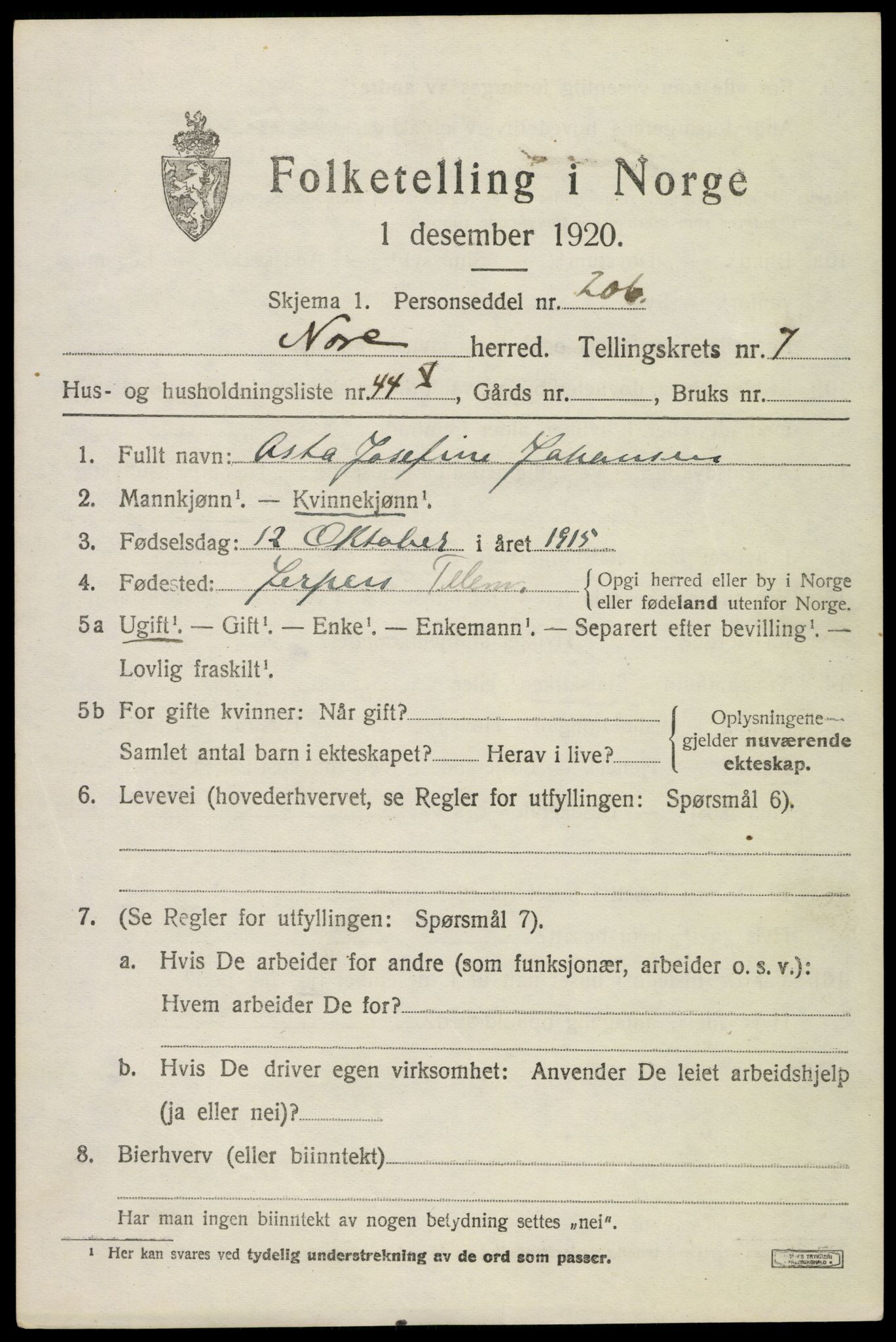 SAKO, 1920 census for Nore, 1920, p. 3978