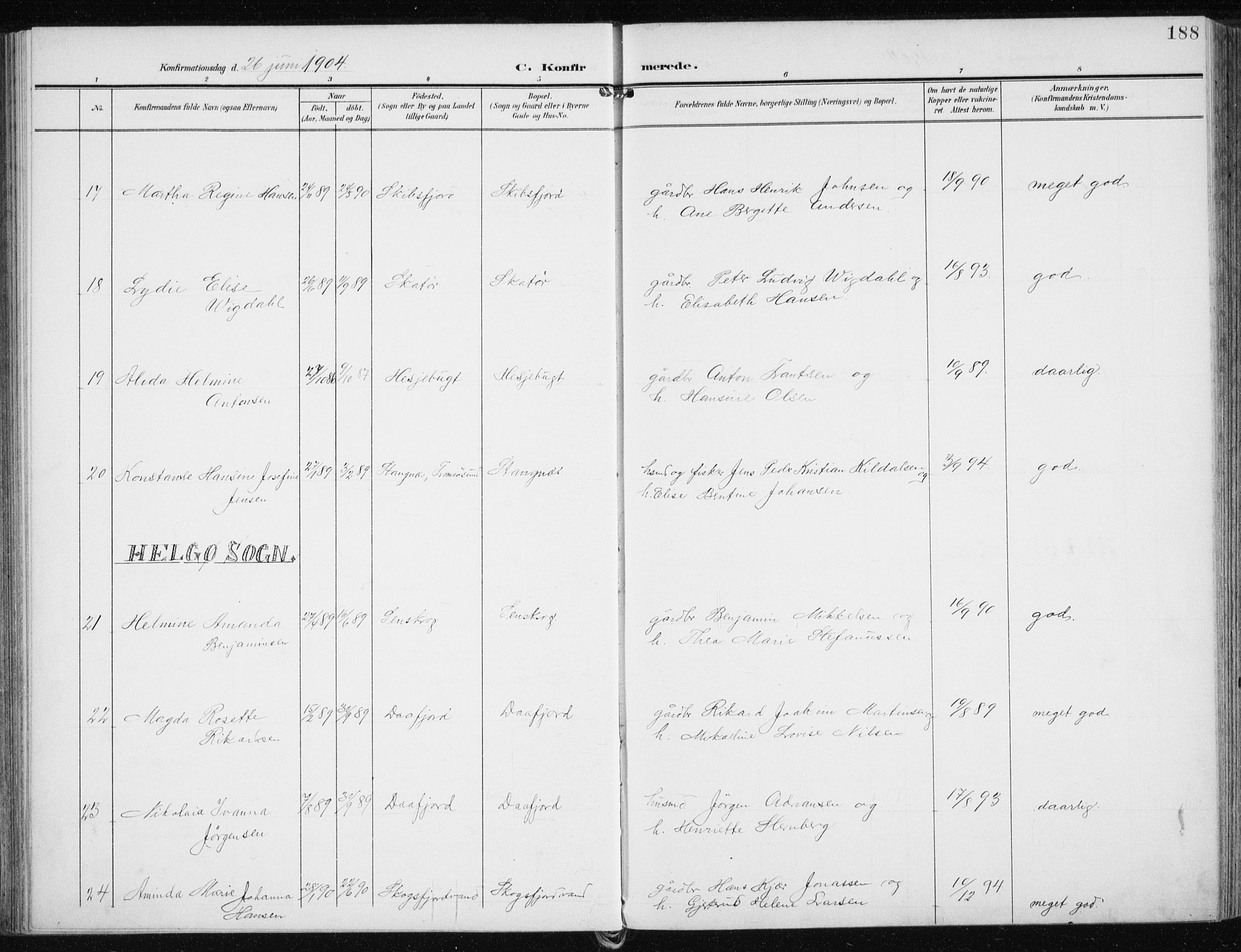 Karlsøy sokneprestembete, AV/SATØ-S-1299/H/Ha/Haa/L0014kirke: Parish register (official) no. 14, 1903-1917, p. 188