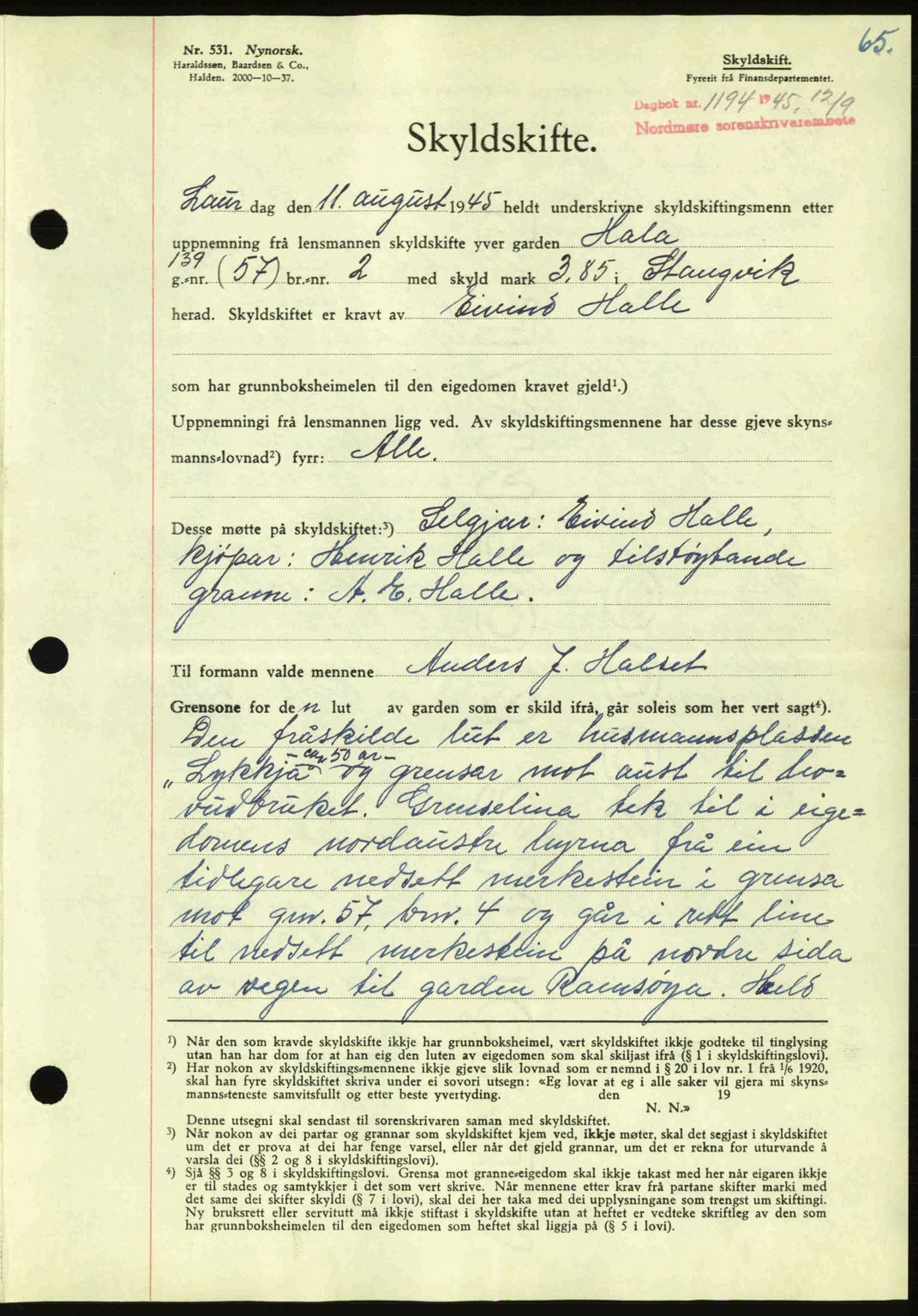 Nordmøre sorenskriveri, AV/SAT-A-4132/1/2/2Ca: Mortgage book no. A100a, 1945-1945, Diary no: : 1194/1945