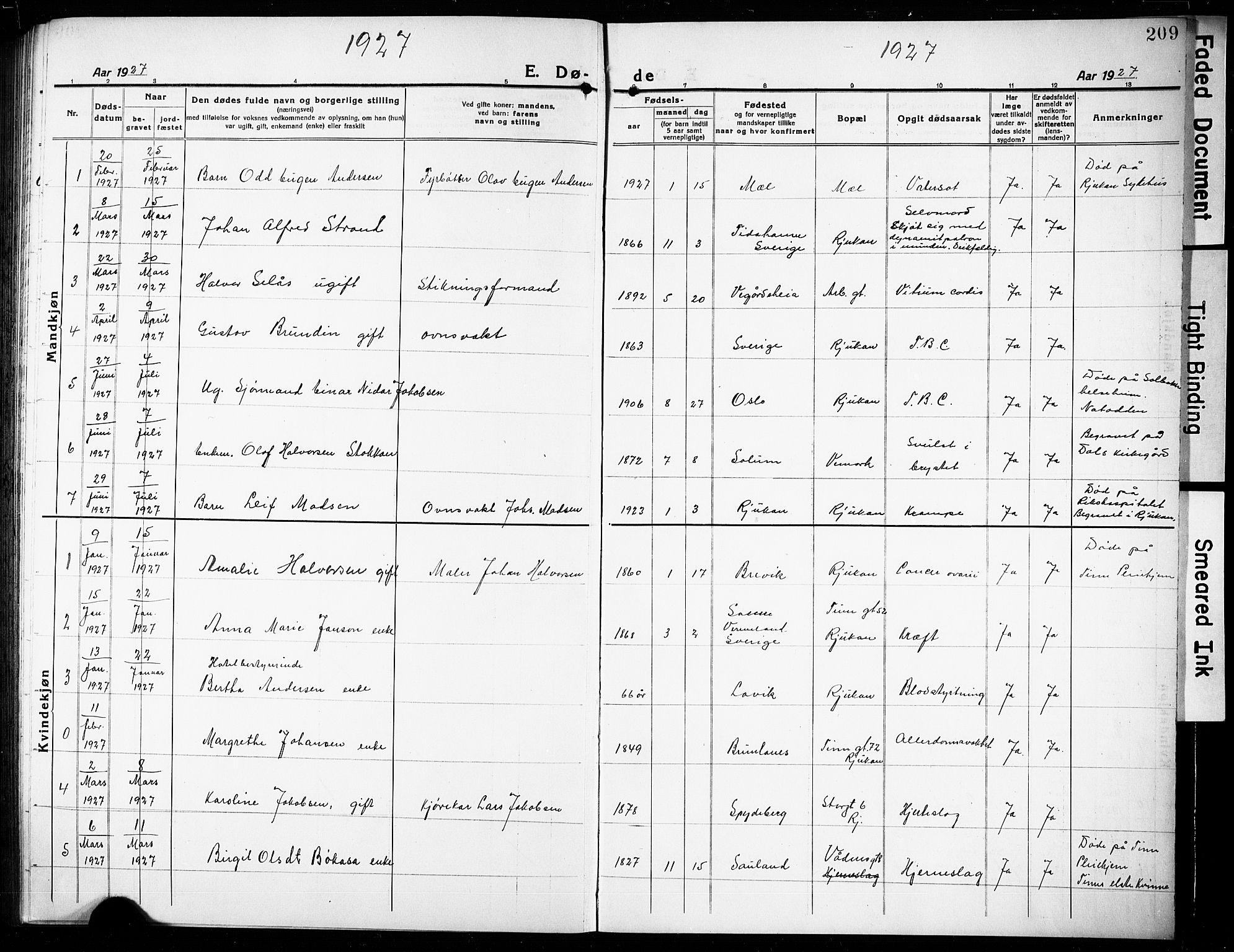 Rjukan kirkebøker, AV/SAKO-A-294/G/Ga/L0003: Parish register (copy) no. 3, 1920-1928, p. 209