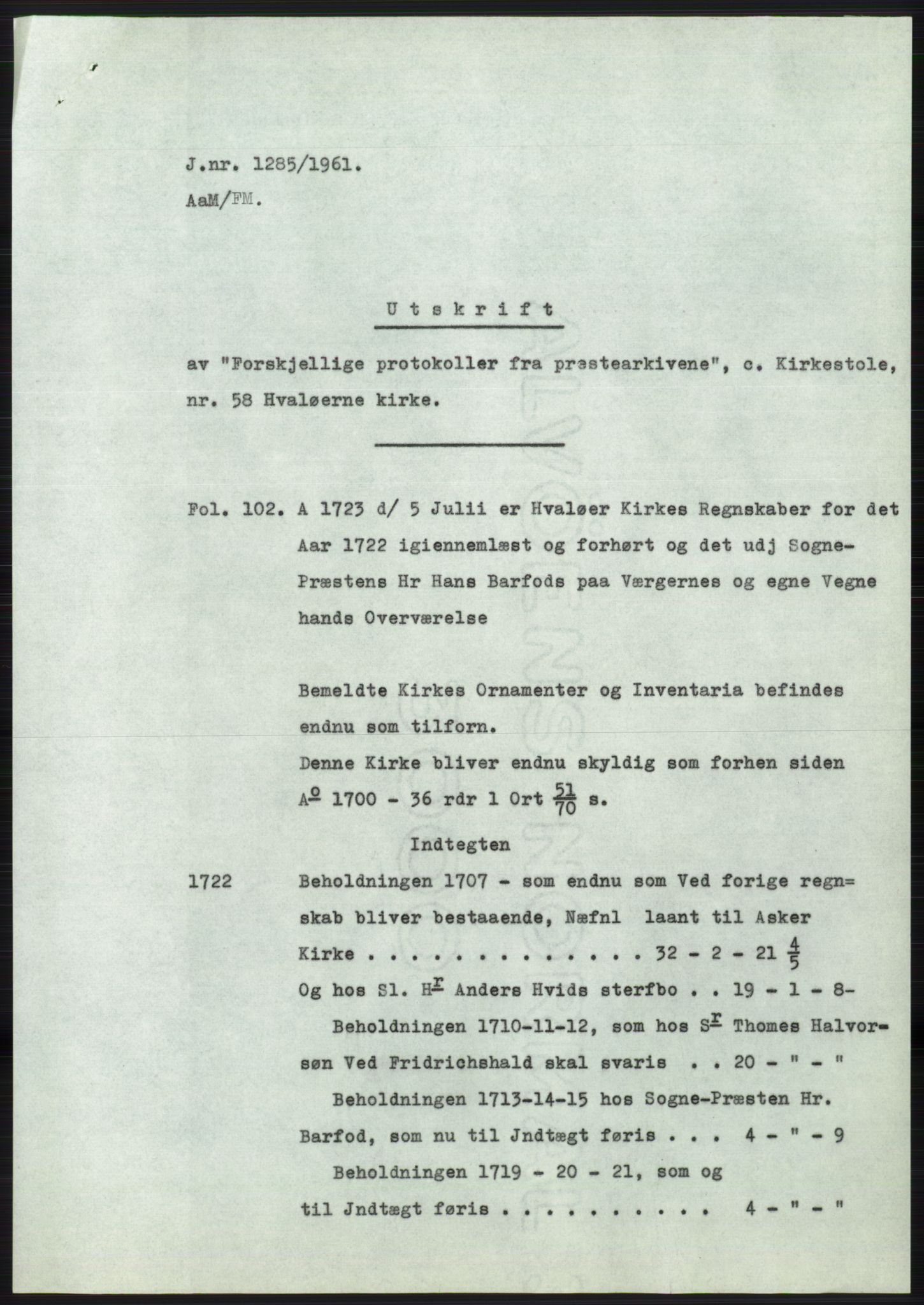 Statsarkivet i Oslo, SAO/A-10621/Z/Zd/L0014: Avskrifter, j.nr 1101-1809/1961, 1961, p. 98