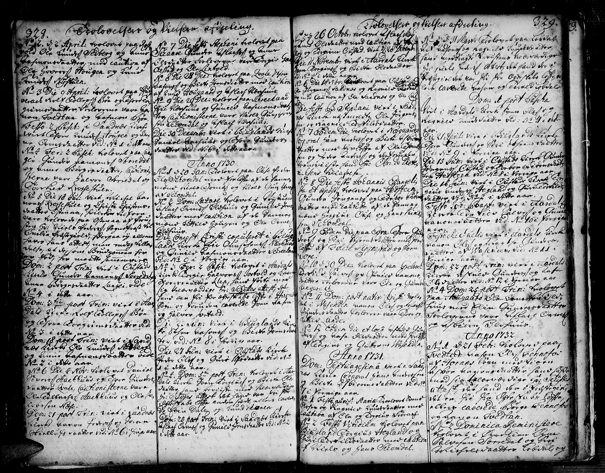 Bygland sokneprestkontor, AV/SAK-1111-0006/F/Fa/Fab/L0001: Parish register (official) no. A 1, 1725-1766, p. 328-329