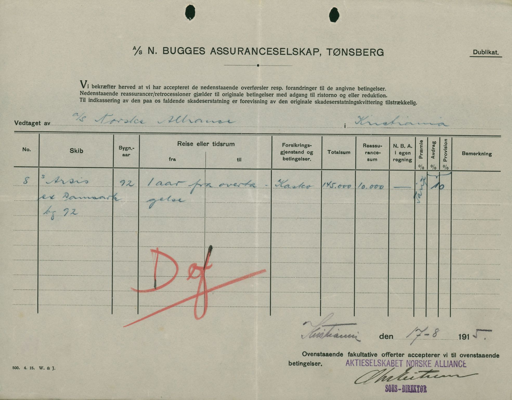 Pa 664 - Tønsberg Sjøforsikringsselskap, VEMU/A-1773/F/L0001: Forsikringspoliser, 1915-1918