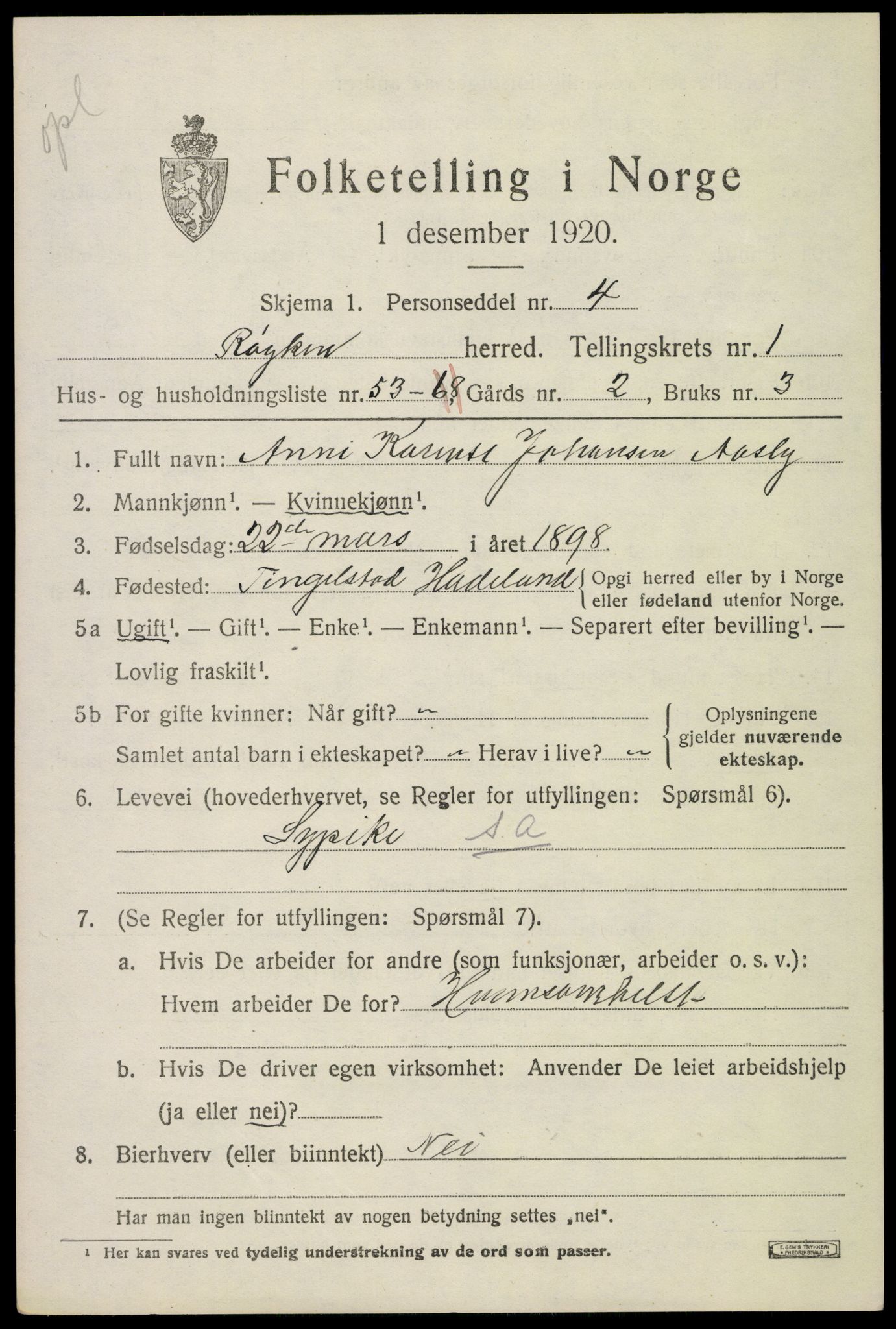 SAKO, 1920 census for Røyken, 1920, p. 2454