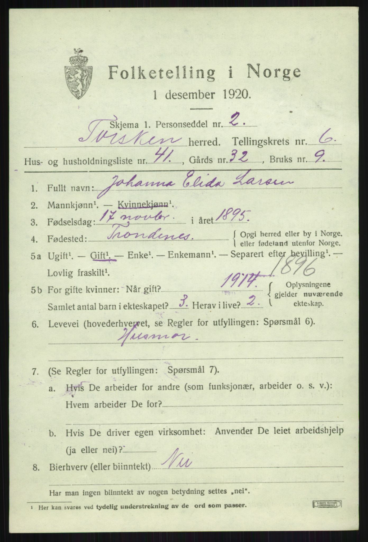 SATØ, 1920 census for Torsken, 1920, p. 2921