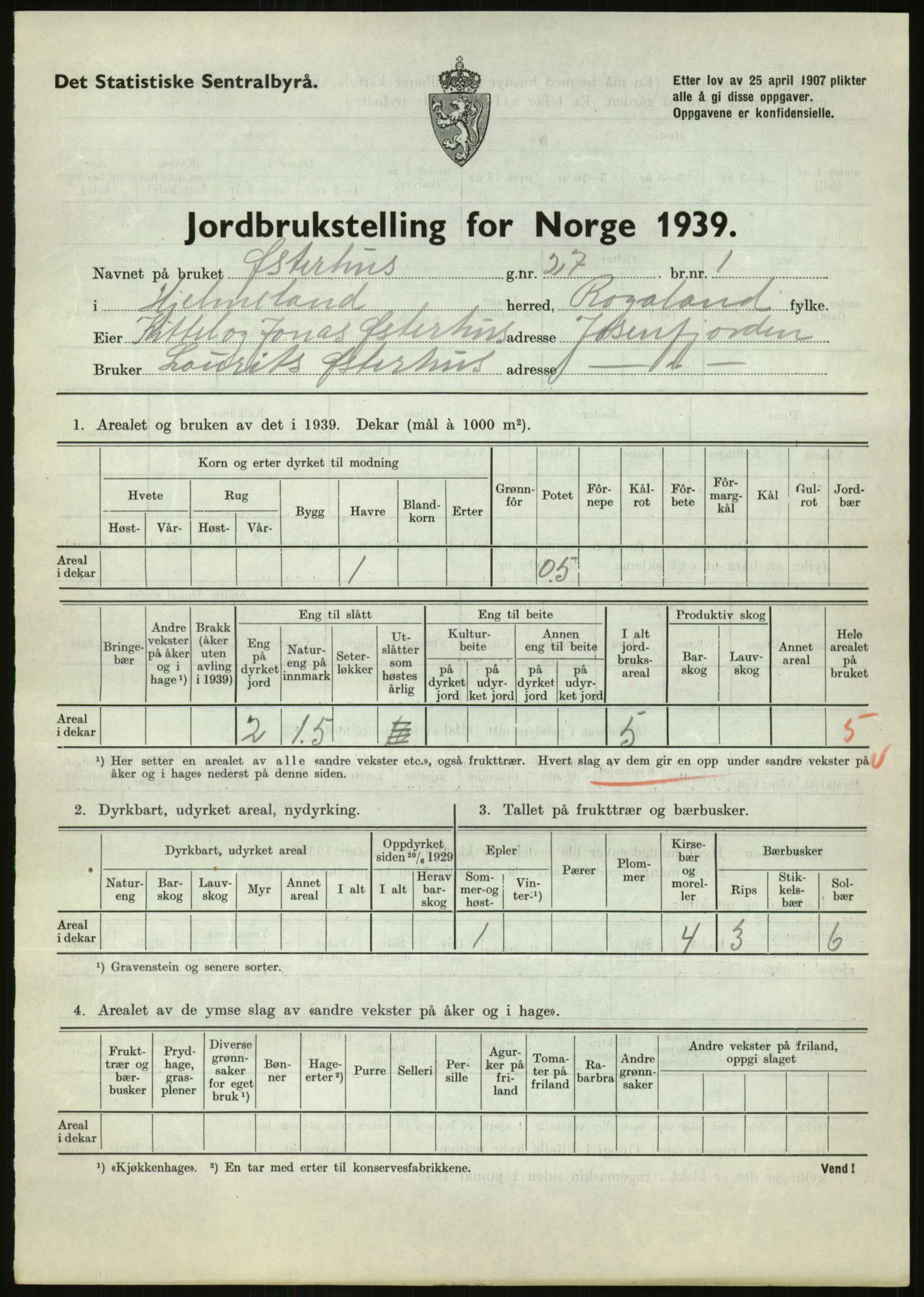 Statistisk sentralbyrå, Næringsøkonomiske emner, Jordbruk, skogbruk, jakt, fiske og fangst, AV/RA-S-2234/G/Gb/L0184: Rogaland: Årdal, Fister og Hjelmeland, 1939, p. 967