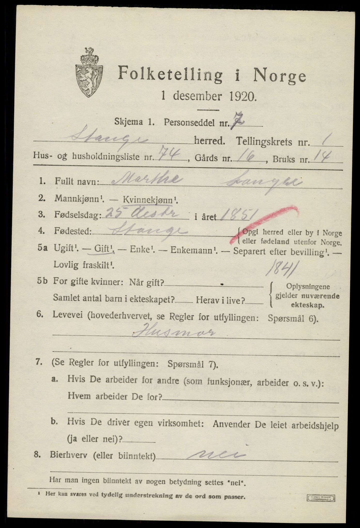 SAH, 1920 census for Stange, 1920, p. 3821