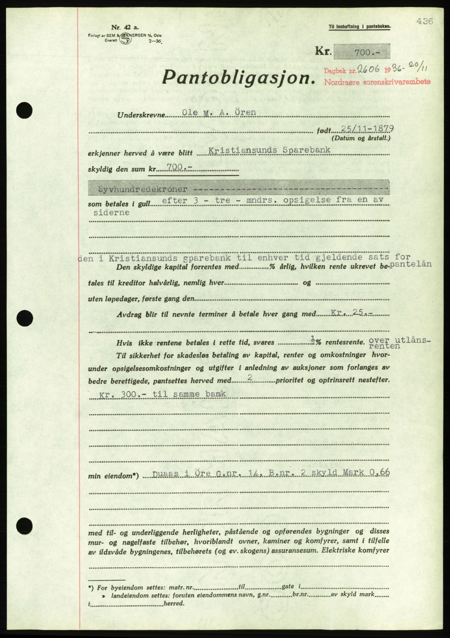 Nordmøre sorenskriveri, AV/SAT-A-4132/1/2/2Ca/L0090: Mortgage book no. B80, 1936-1937, Diary no: : 2606/1936