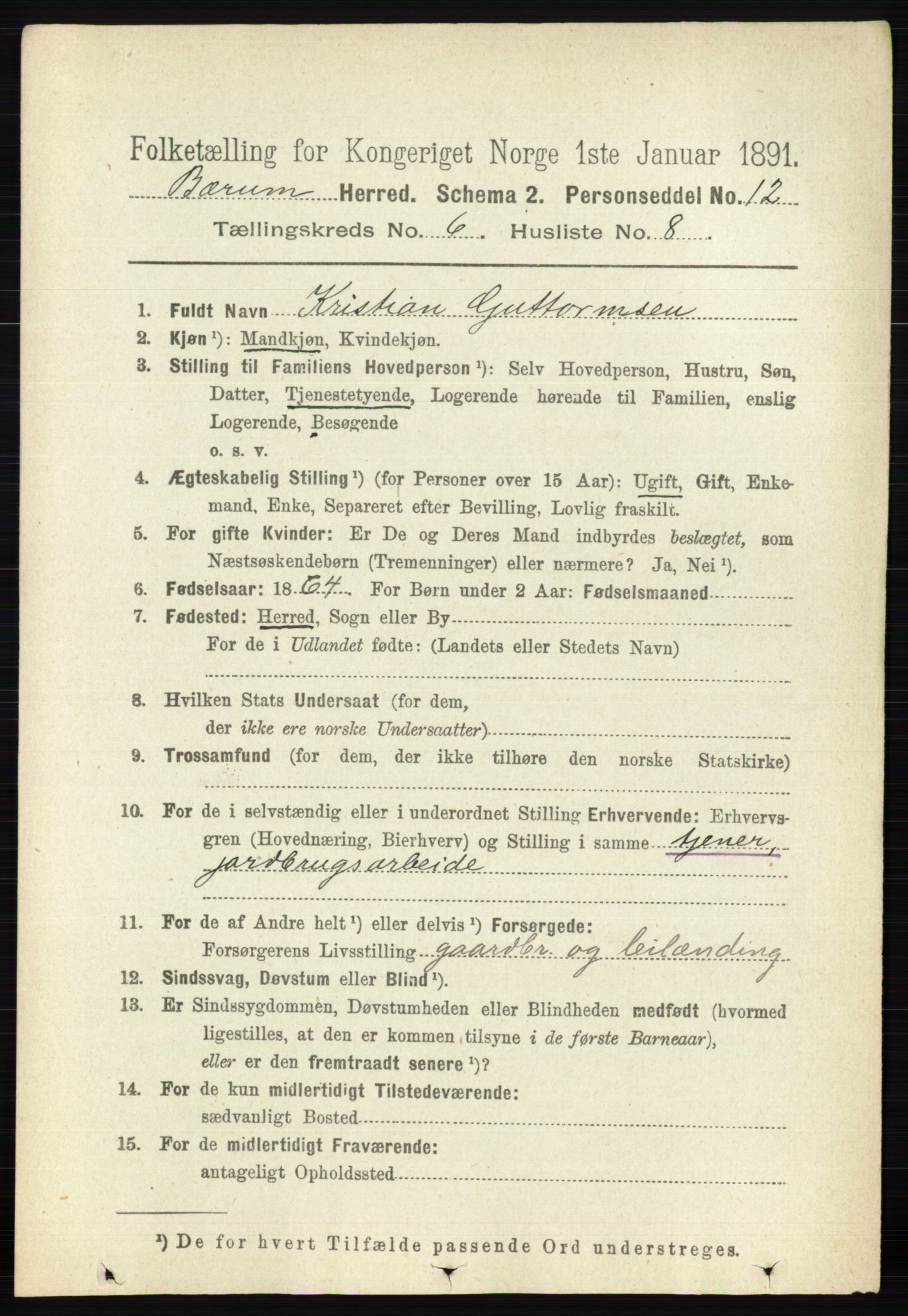 RA, 1891 census for 0219 Bærum, 1891, p. 3564