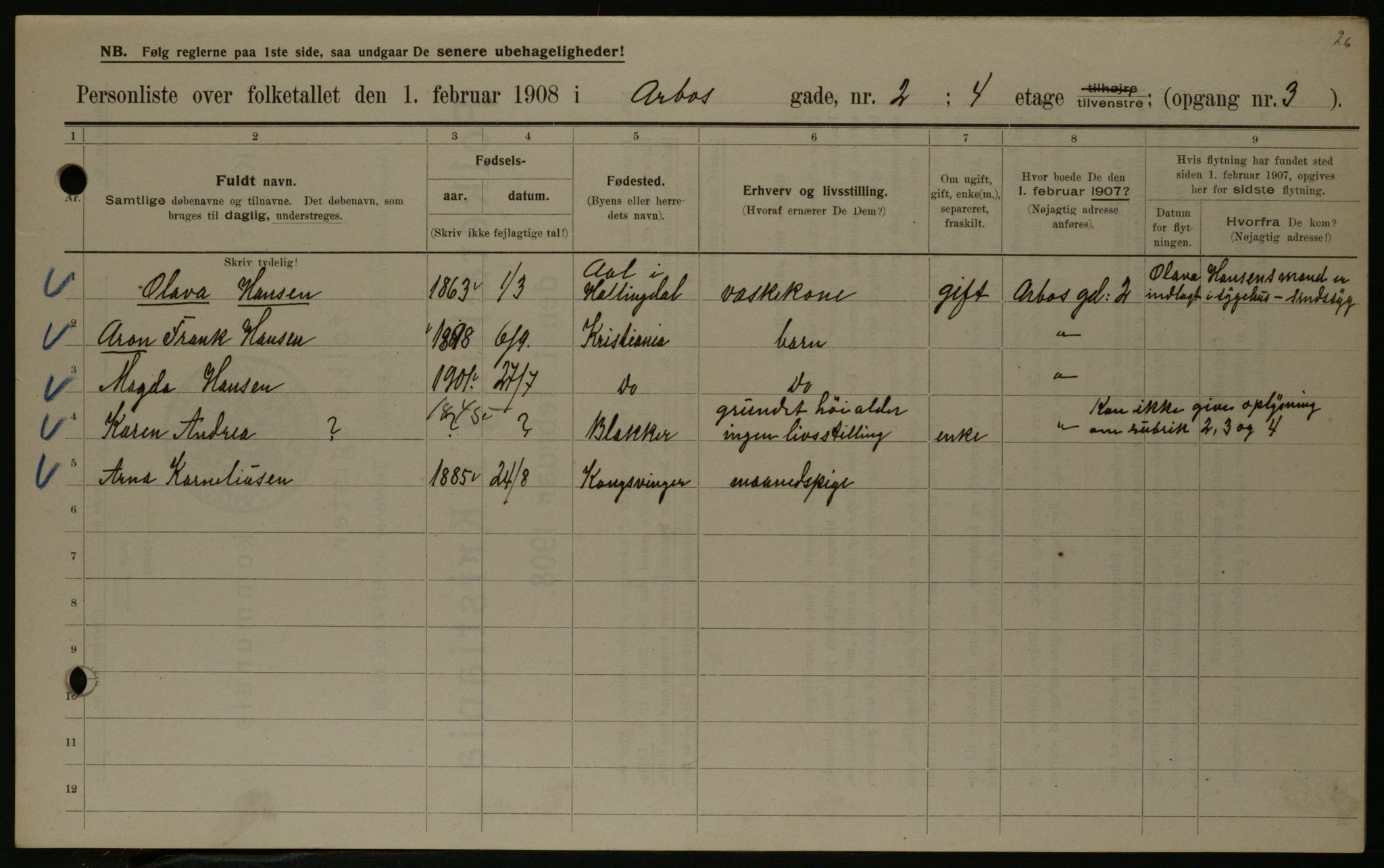 OBA, Municipal Census 1908 for Kristiania, 1908, p. 2005