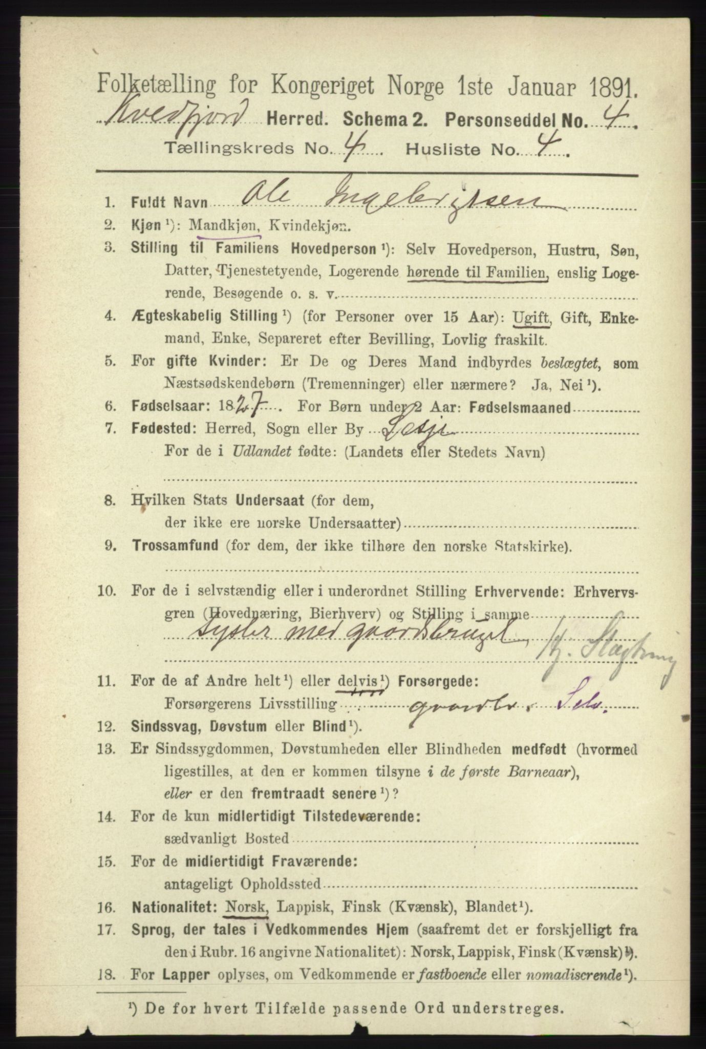 RA, 1891 census for 1911 Kvæfjord, 1891, p. 1910