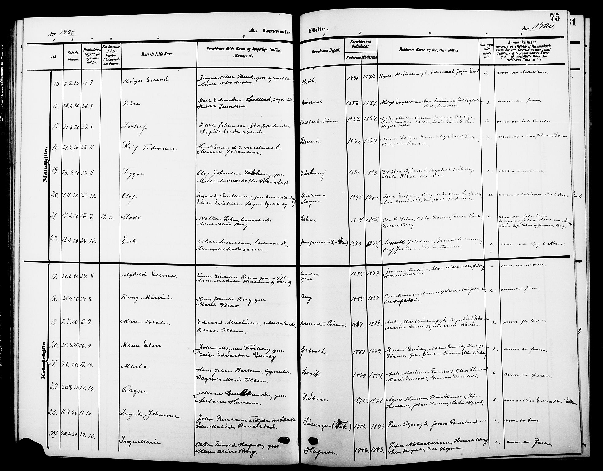 Hole kirkebøker, AV/SAKO-A-228/G/Ga/L0004: Parish register (copy) no. I 4, 1905-1924, p. 75