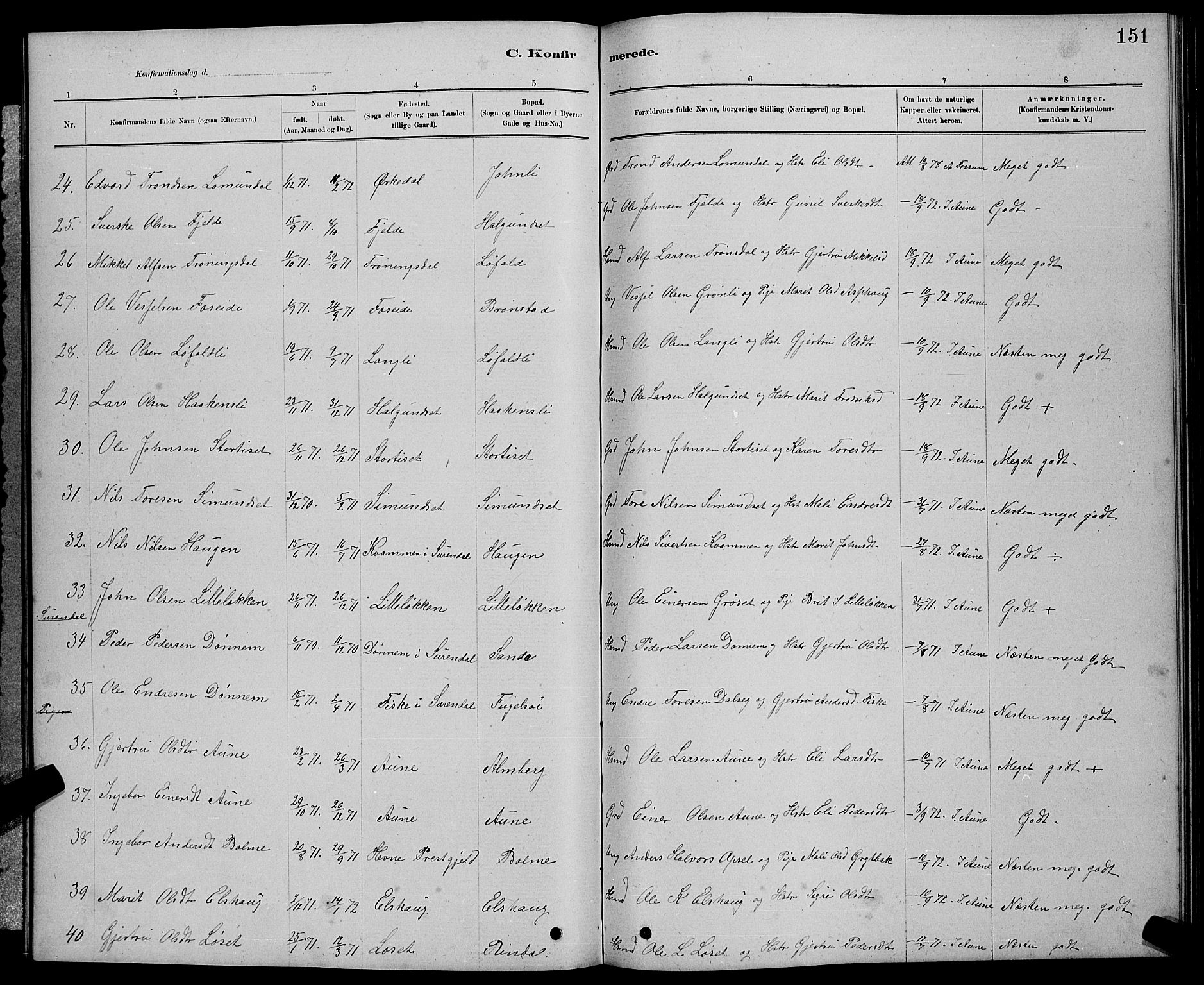 Ministerialprotokoller, klokkerbøker og fødselsregistre - Møre og Romsdal, AV/SAT-A-1454/598/L1077: Parish register (copy) no. 598C02, 1879-1891, p. 151