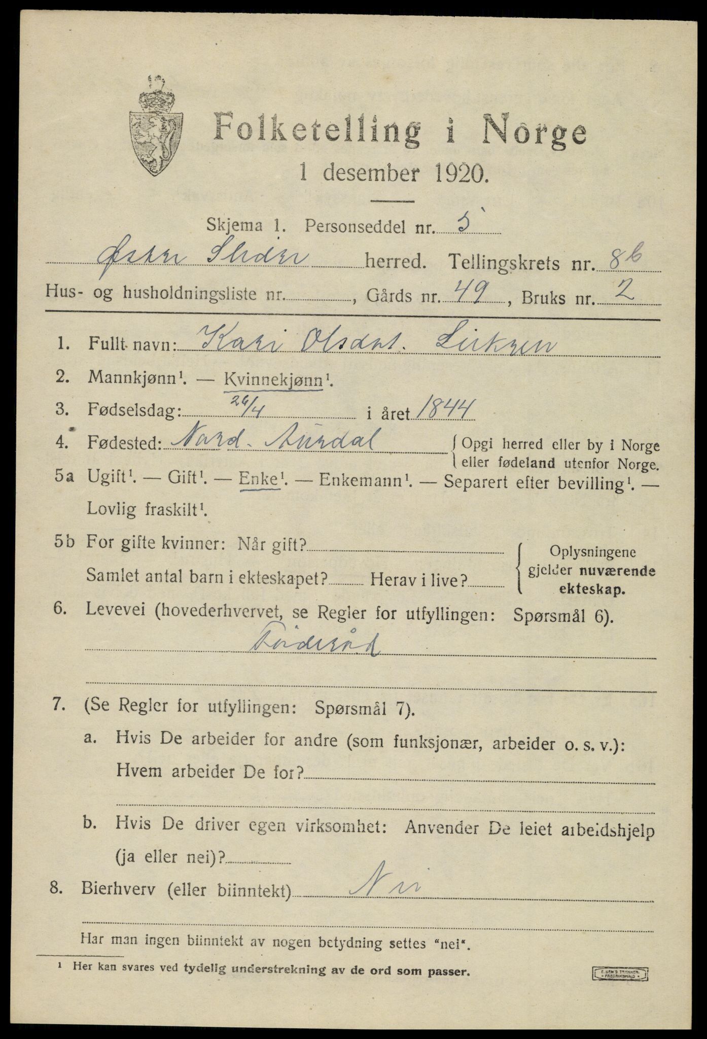 SAH, 1920 census for Øystre Slidre, 1920, p. 5879