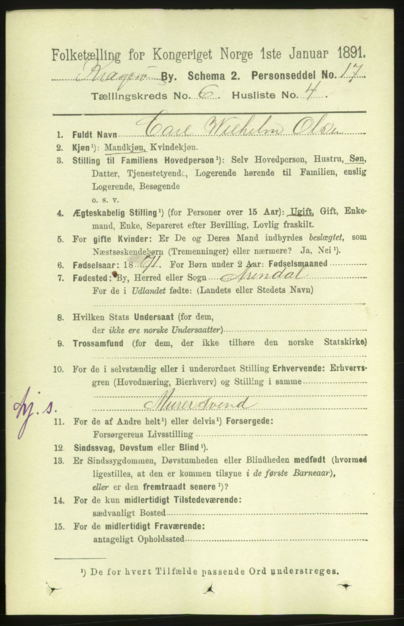 RA, 1891 census for 0801 Kragerø, 1891, p. 3316