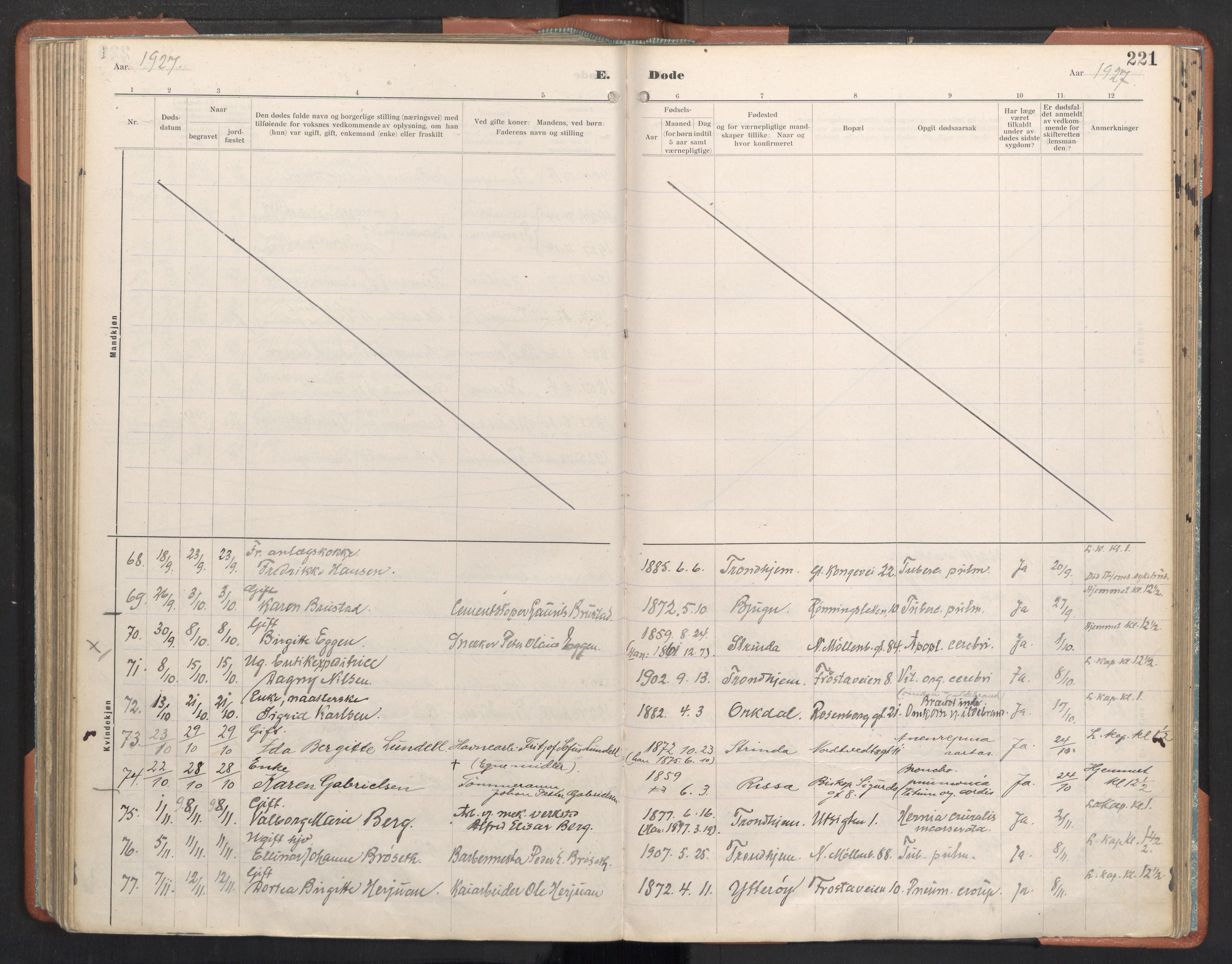 Ministerialprotokoller, klokkerbøker og fødselsregistre - Sør-Trøndelag, AV/SAT-A-1456/605/L0245: Parish register (official) no. 605A07, 1916-1938, p. 221