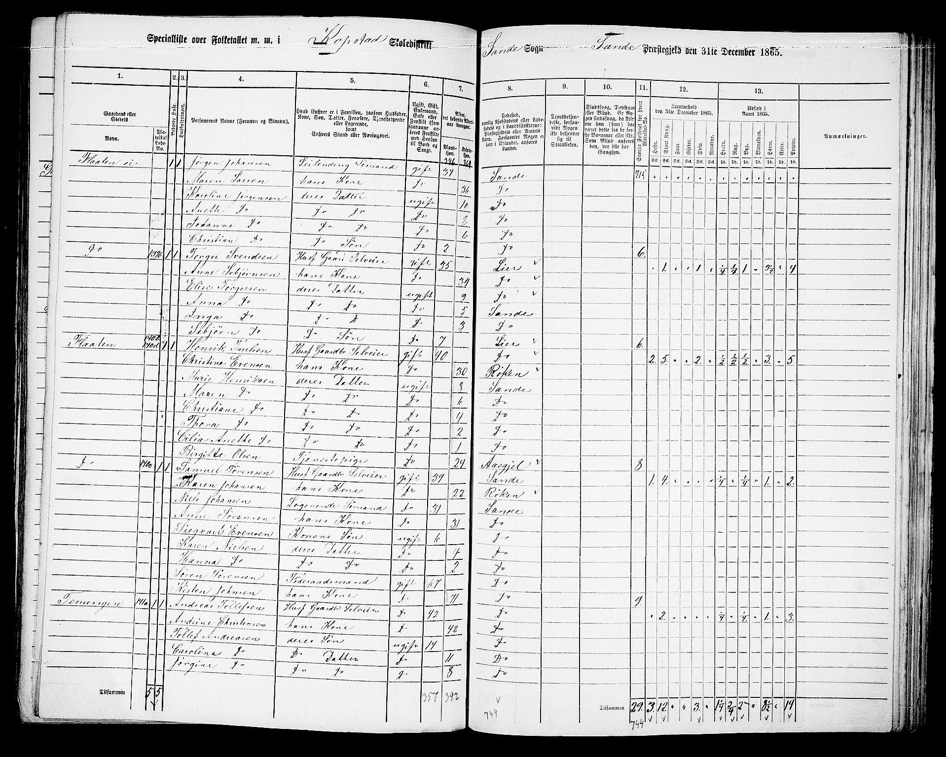 RA, 1865 census for Sande, 1865, p. 83