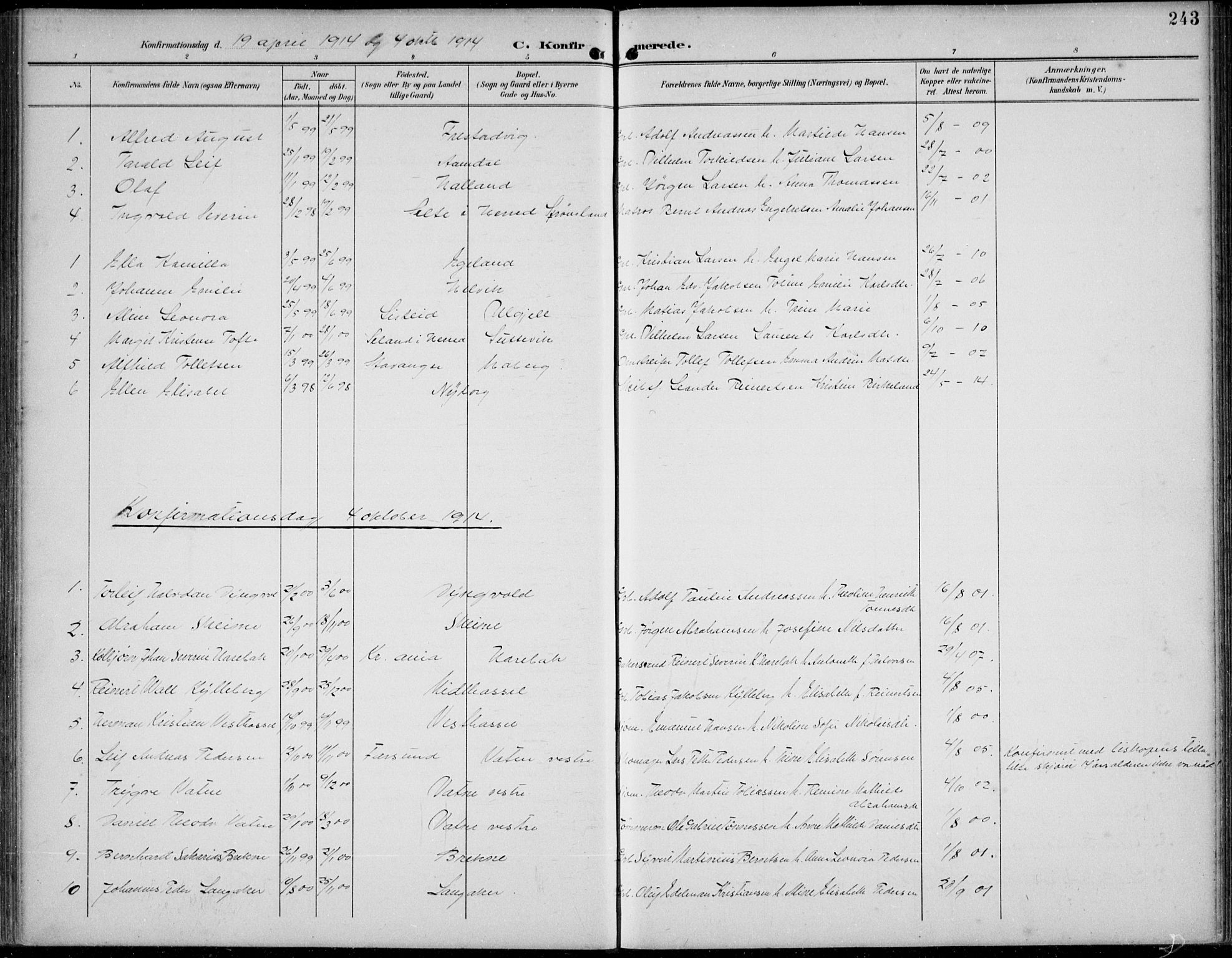 Lista sokneprestkontor, AV/SAK-1111-0027/F/Fb/L0005: Parish register (copy) no. B 5, 1892-1923, p. 243