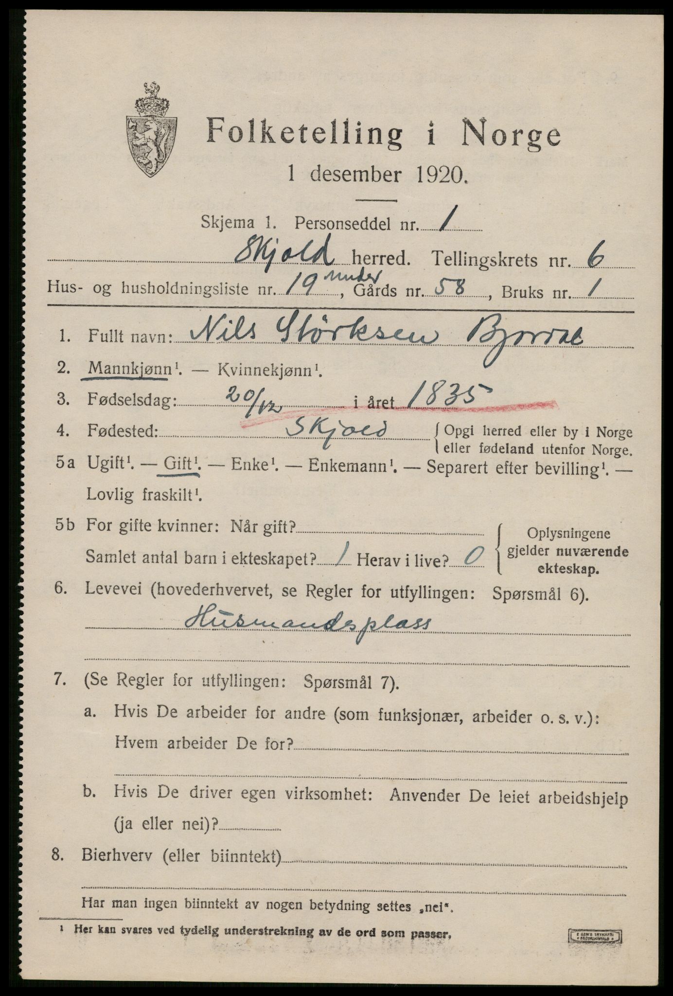 SAST, 1920 census for Skjold, 1920, p. 3342